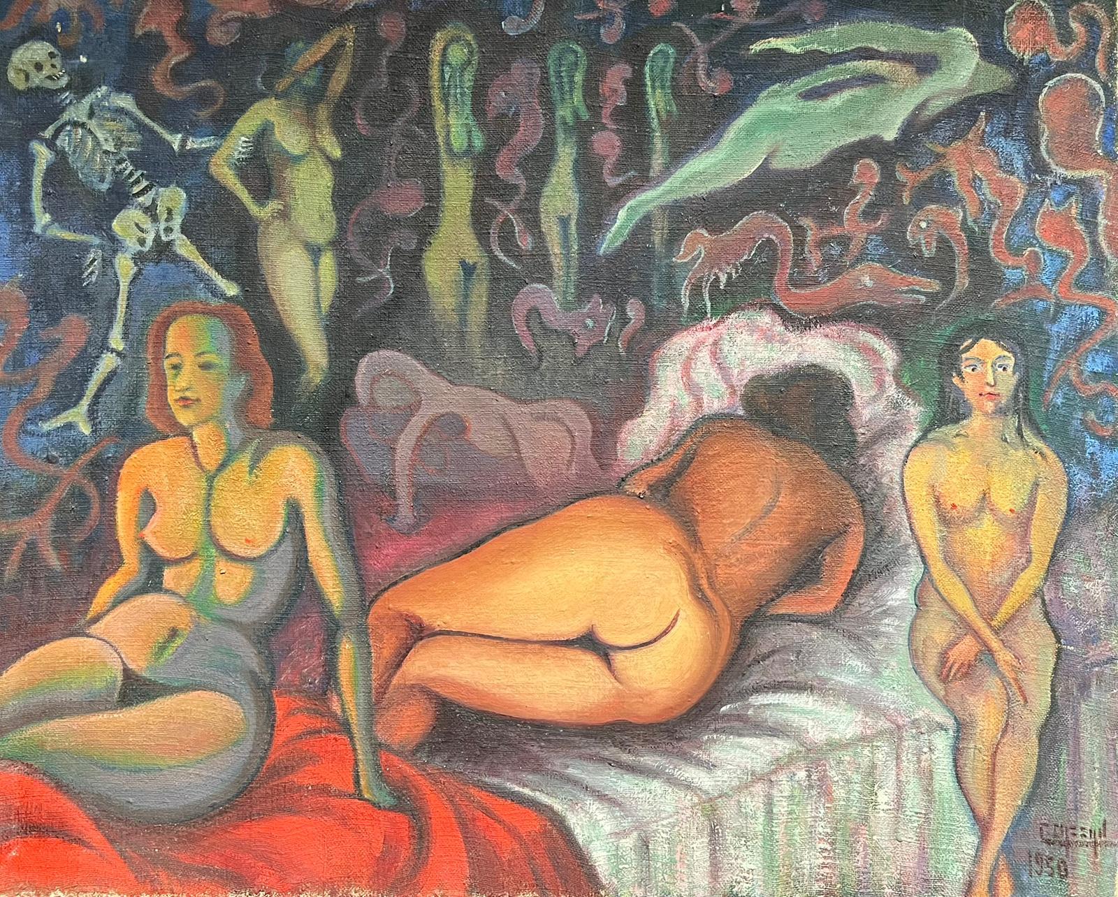 Figurative Painting de French School - 1950's Pintura al Óleo Surrealista Francesa Firmada Enorme Desnudo Paisaje Onírico con Esqueleto