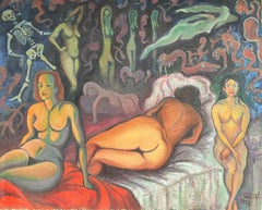 1950's Französisch Surrealist signiert riesige Ölgemälde Nudes Traumlandschaft mit Skelett