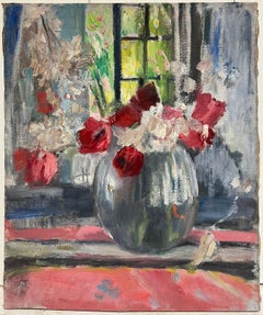 1950's Mid Century French Impressionist Oil Flowers in Vase in Windowsill