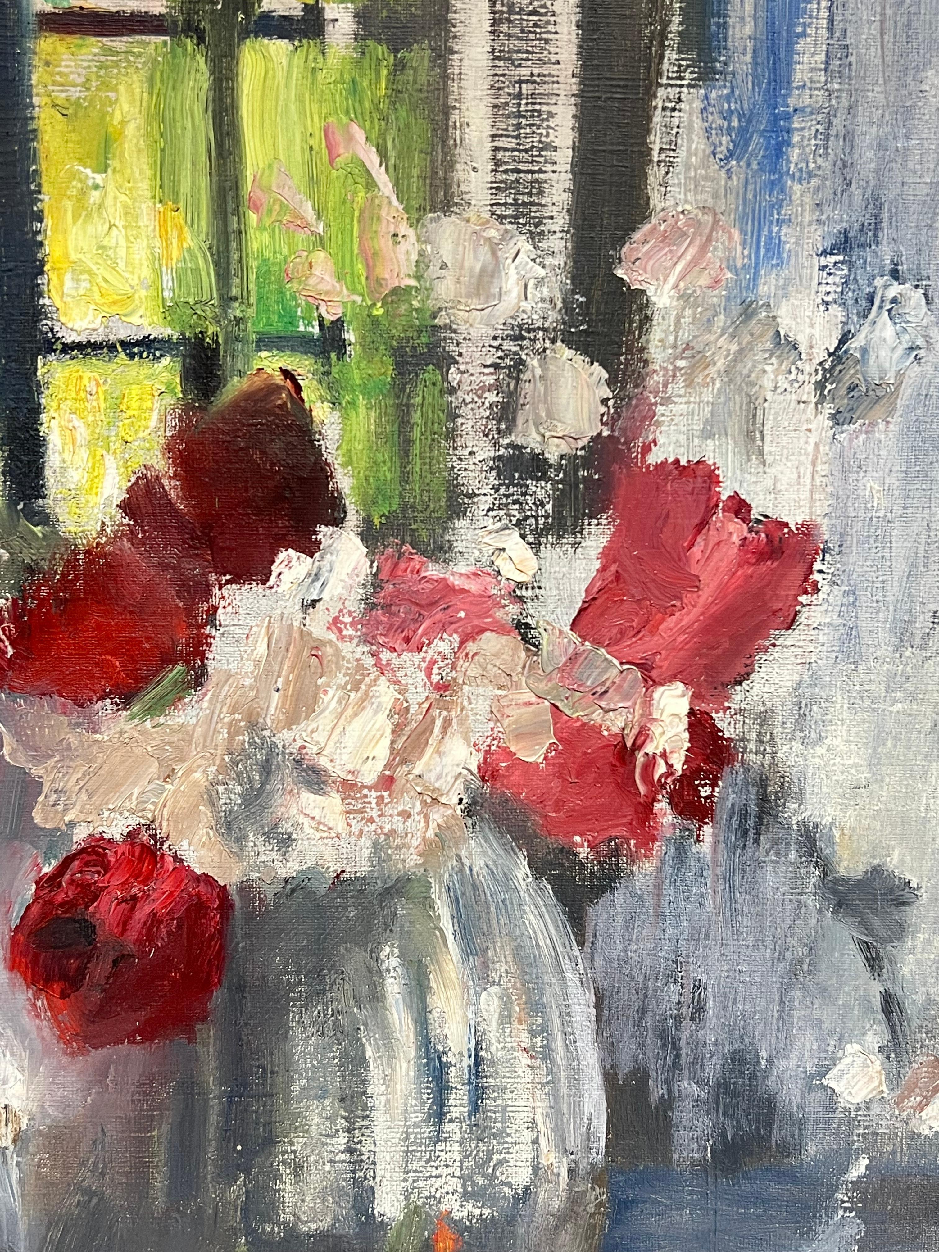 Óleo impresionista francés de mediados de siglo 1950 Flores en jarrón en alféizar de ventana - Painting Posimpresionista de French School