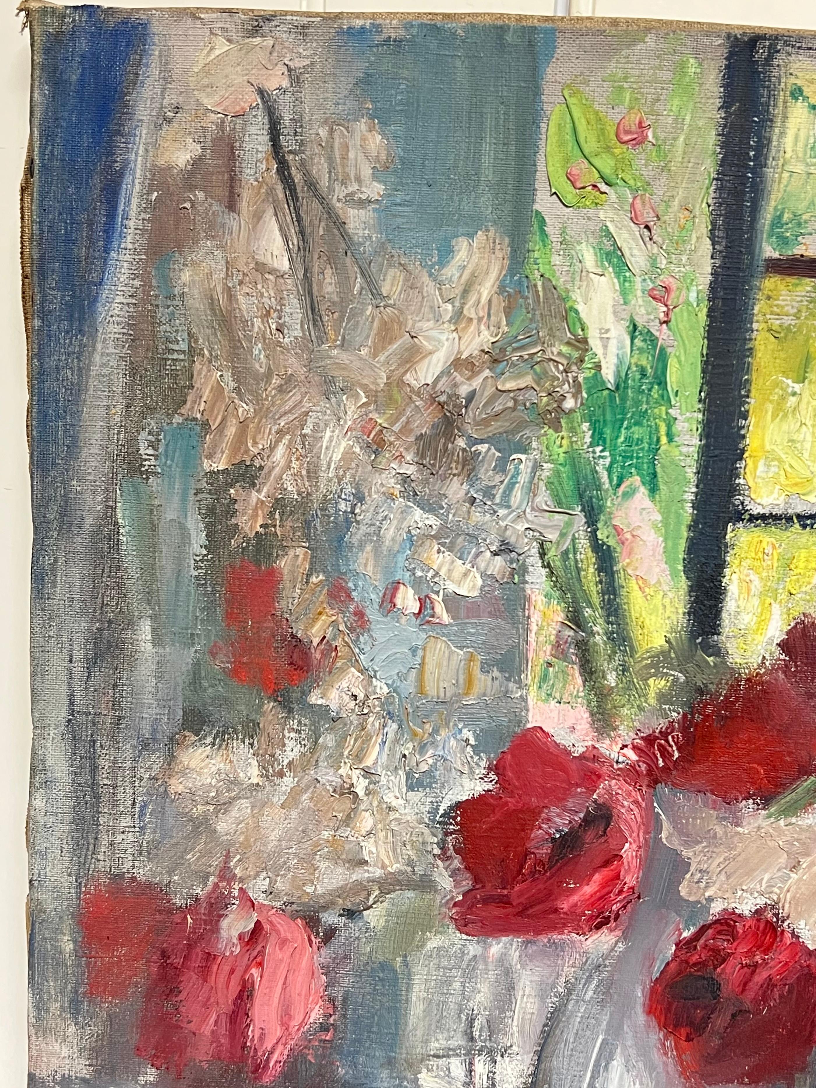 Óleo impresionista francés de mediados de siglo 1950 Flores en jarrón en alféizar de ventana - Landscape Painting Marrón de French School