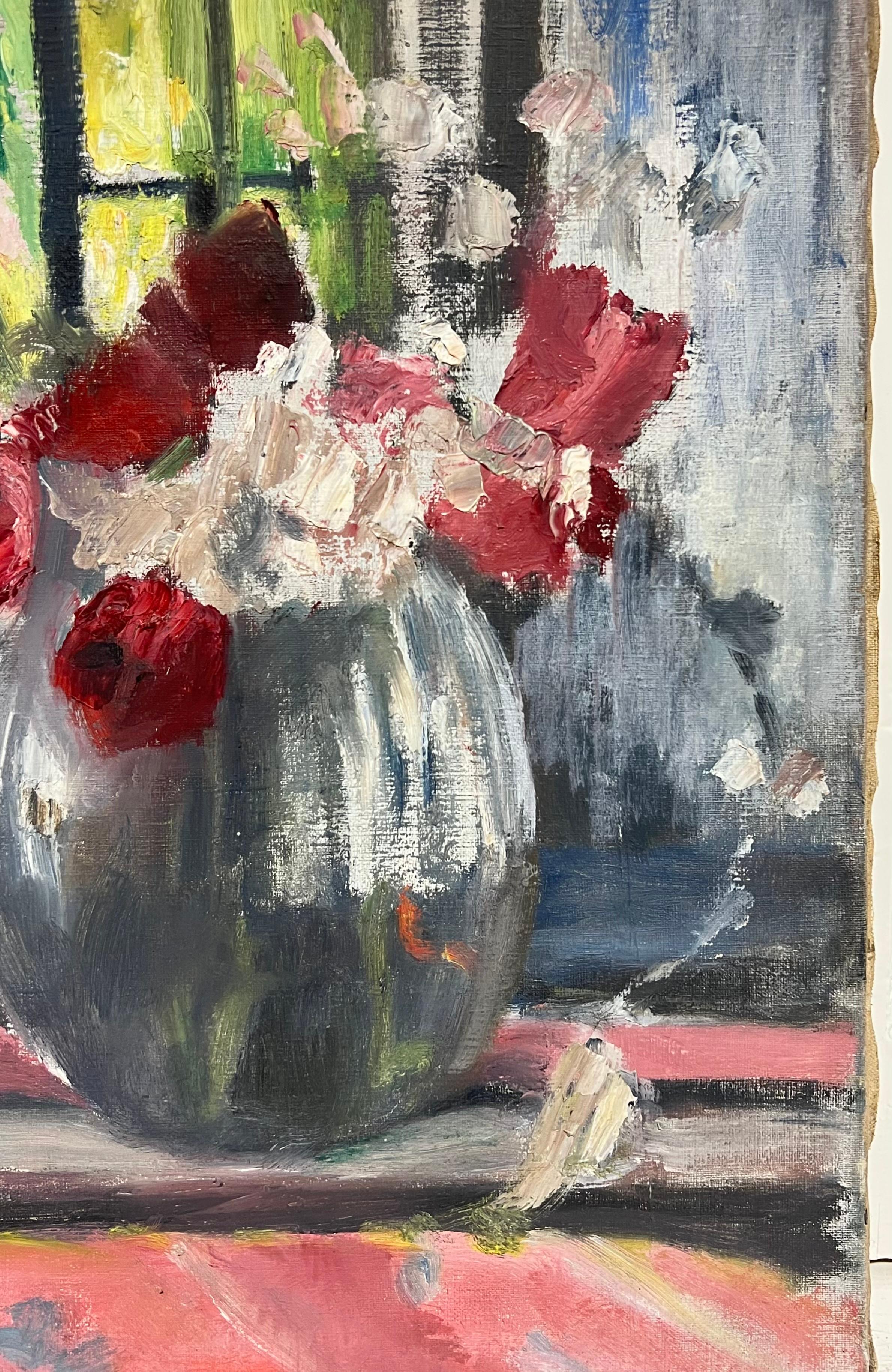 Óleo impresionista francés de mediados de siglo 1950 Flores en jarrón en alféizar de ventana en venta 1