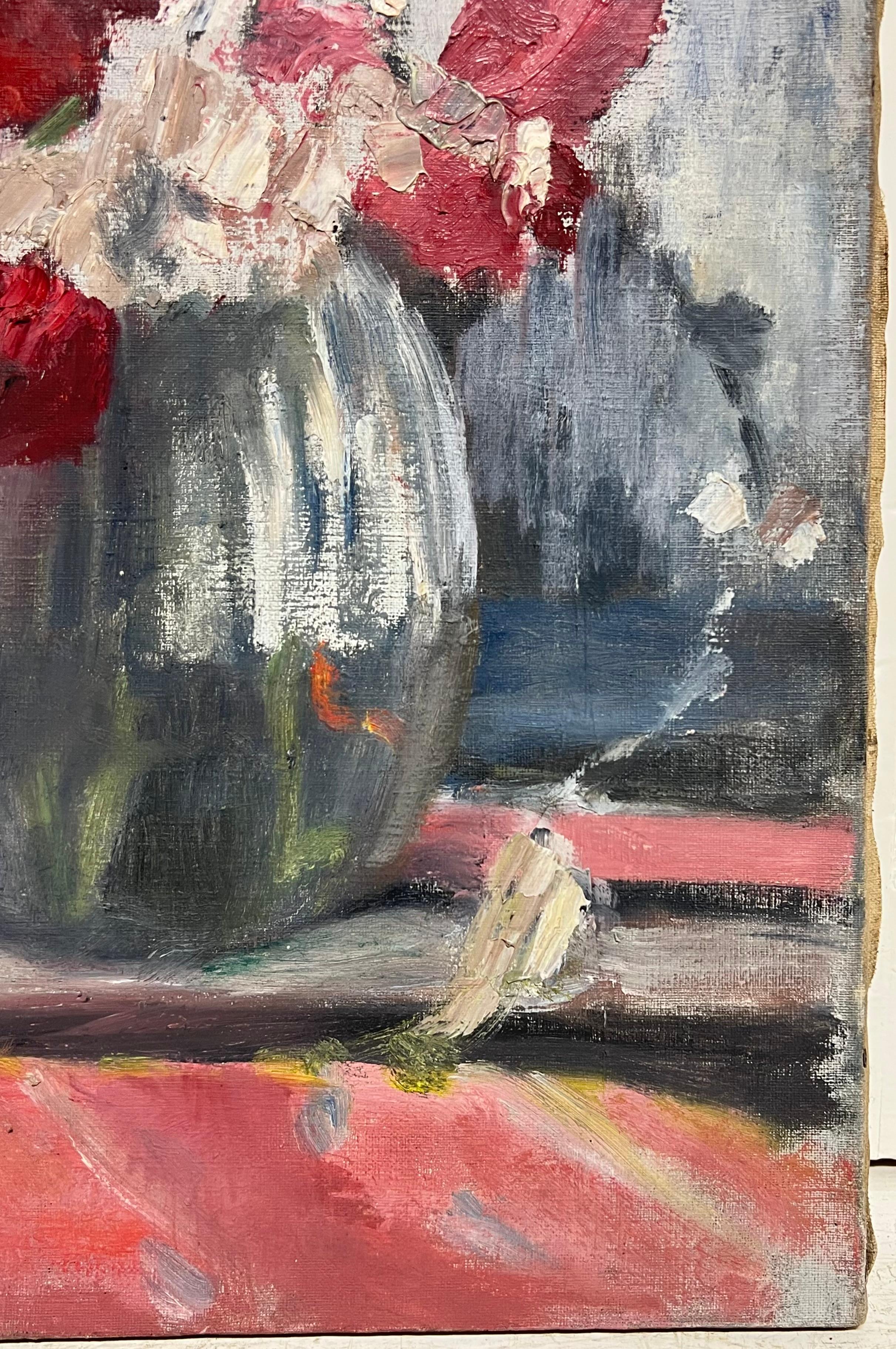 Óleo impresionista francés de mediados de siglo 1950 Flores en jarrón en alféizar de ventana en venta 2