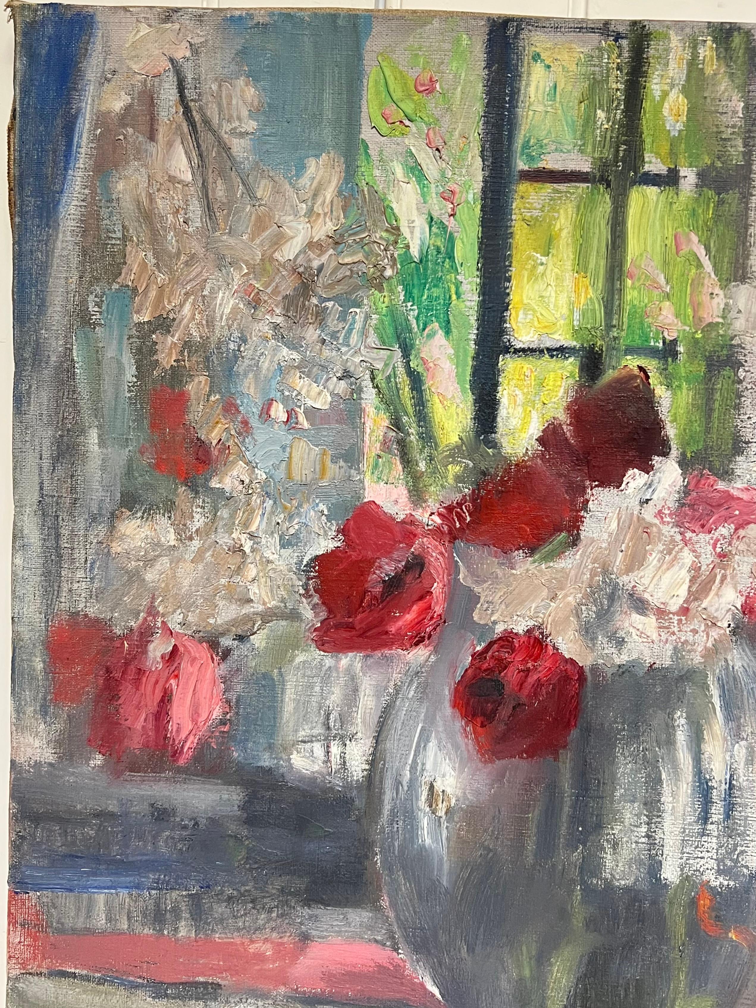 Óleo impresionista francés de mediados de siglo 1950 Flores en jarrón en alféizar de ventana en venta 3