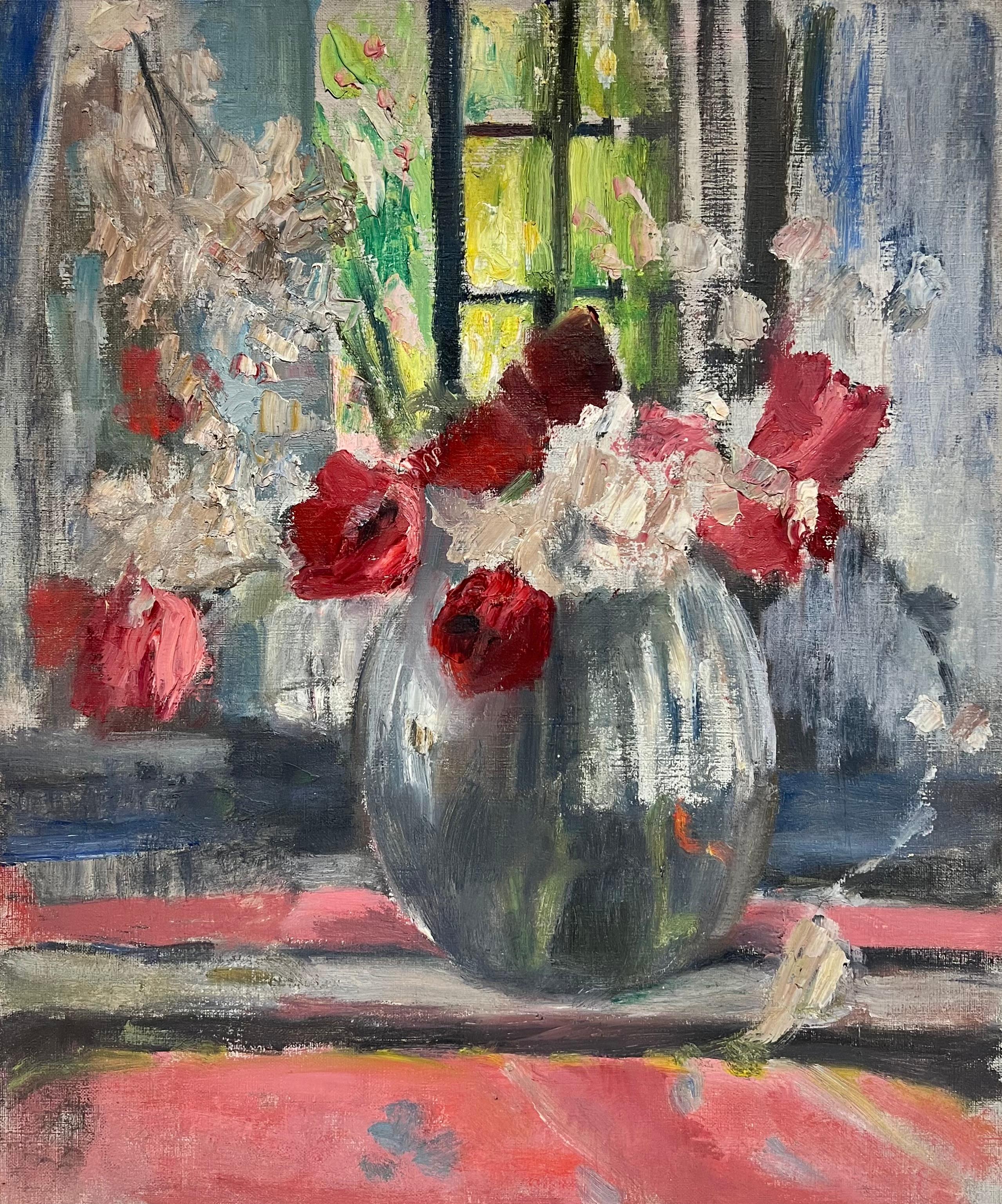 Landscape Painting de French School - Óleo impresionista francés de mediados de siglo 1950 Flores en jarrón en alféizar de ventana