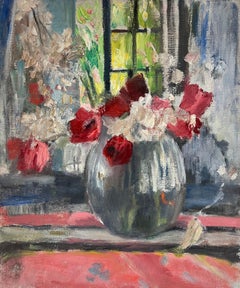 1950's Mid Century Französisch Impressionist Öl Blumen in Vase in Windowsill