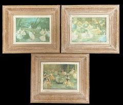 Vintage 1960 French Metallic Ballerina Green and Gold Prints Set of Three Framed