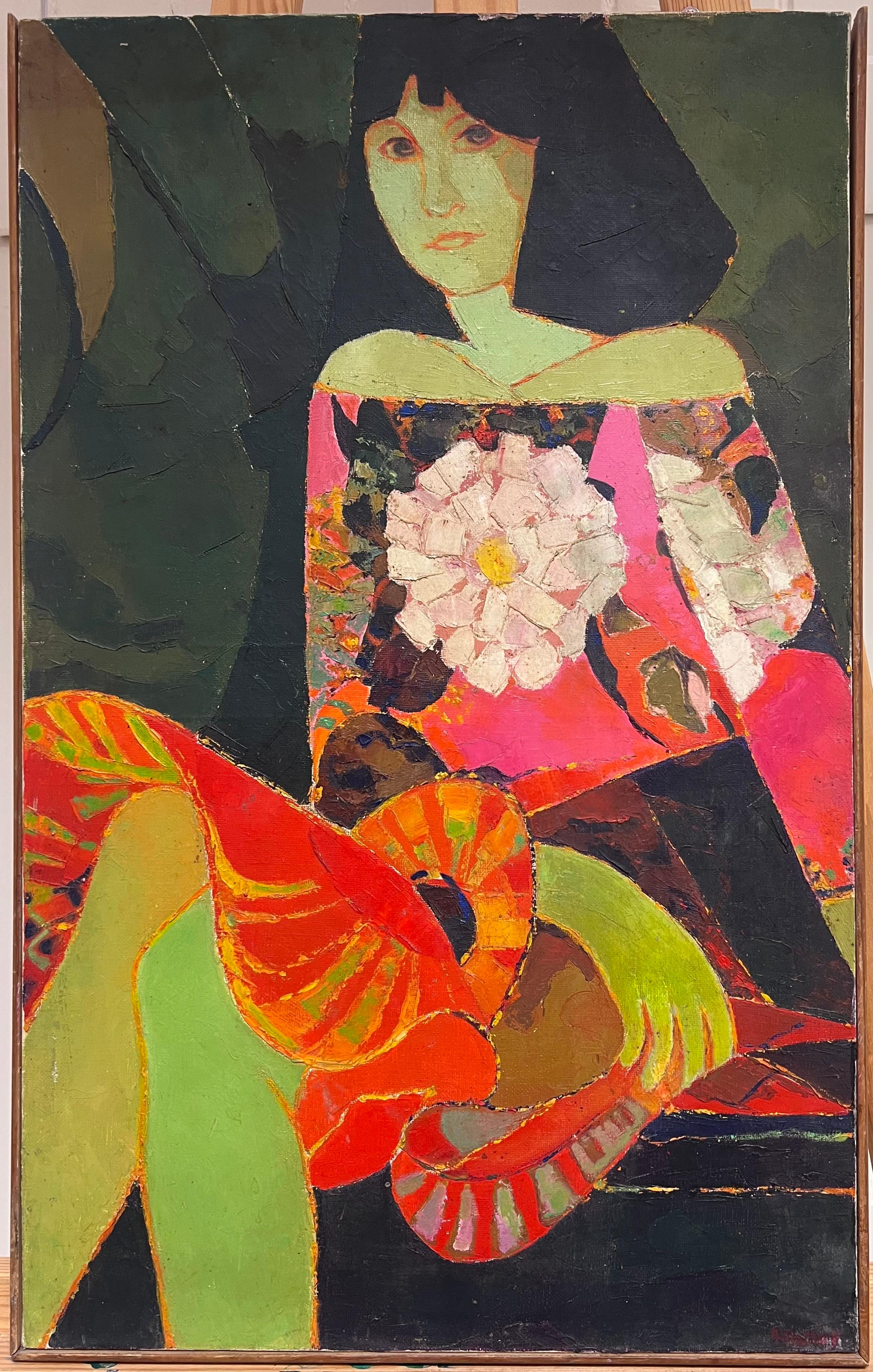 1960's Retrato Cubista Francés Abstracto de Mujer Ropa Colorida firmado Óleo - Painting de French School
