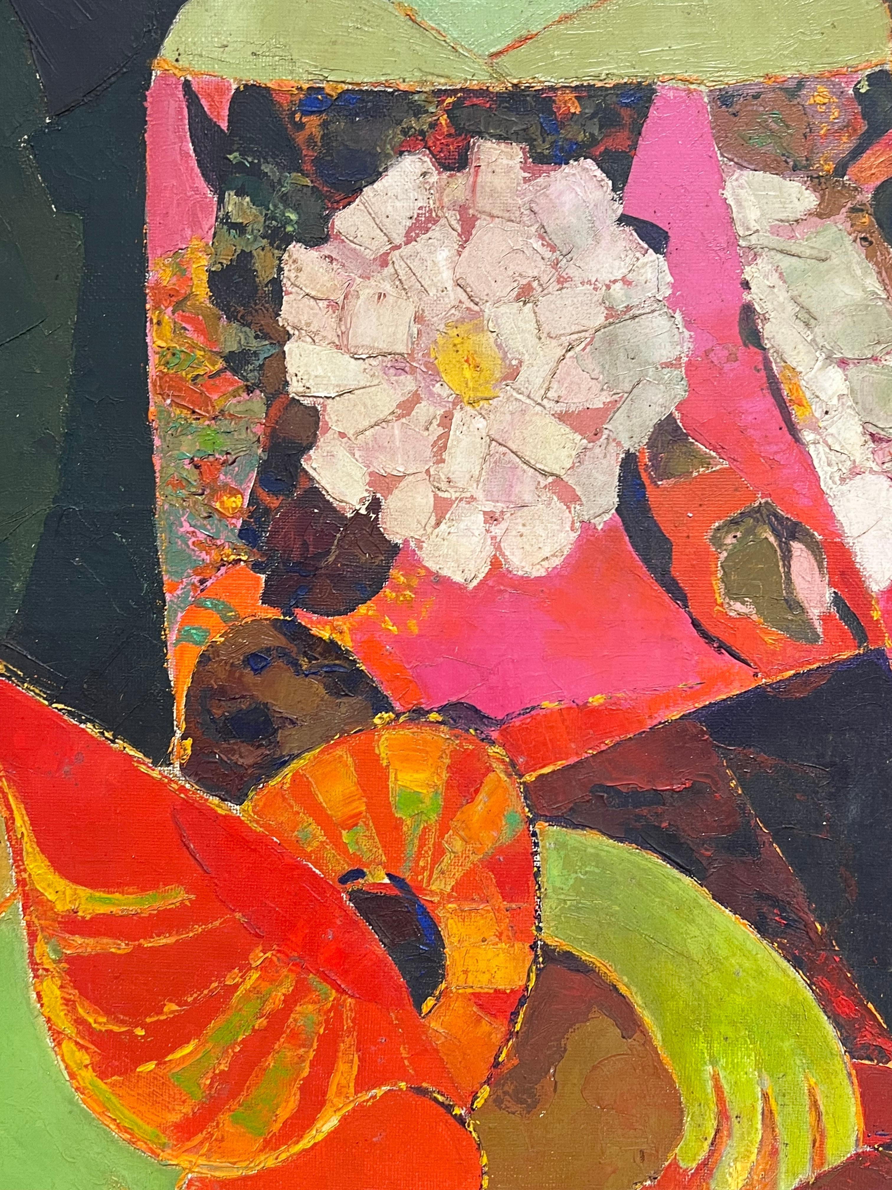 1960's Retrato Cubista Francés Abstracto de Mujer Ropa Colorida firmado Óleo - Abstract Painting Negro de French School