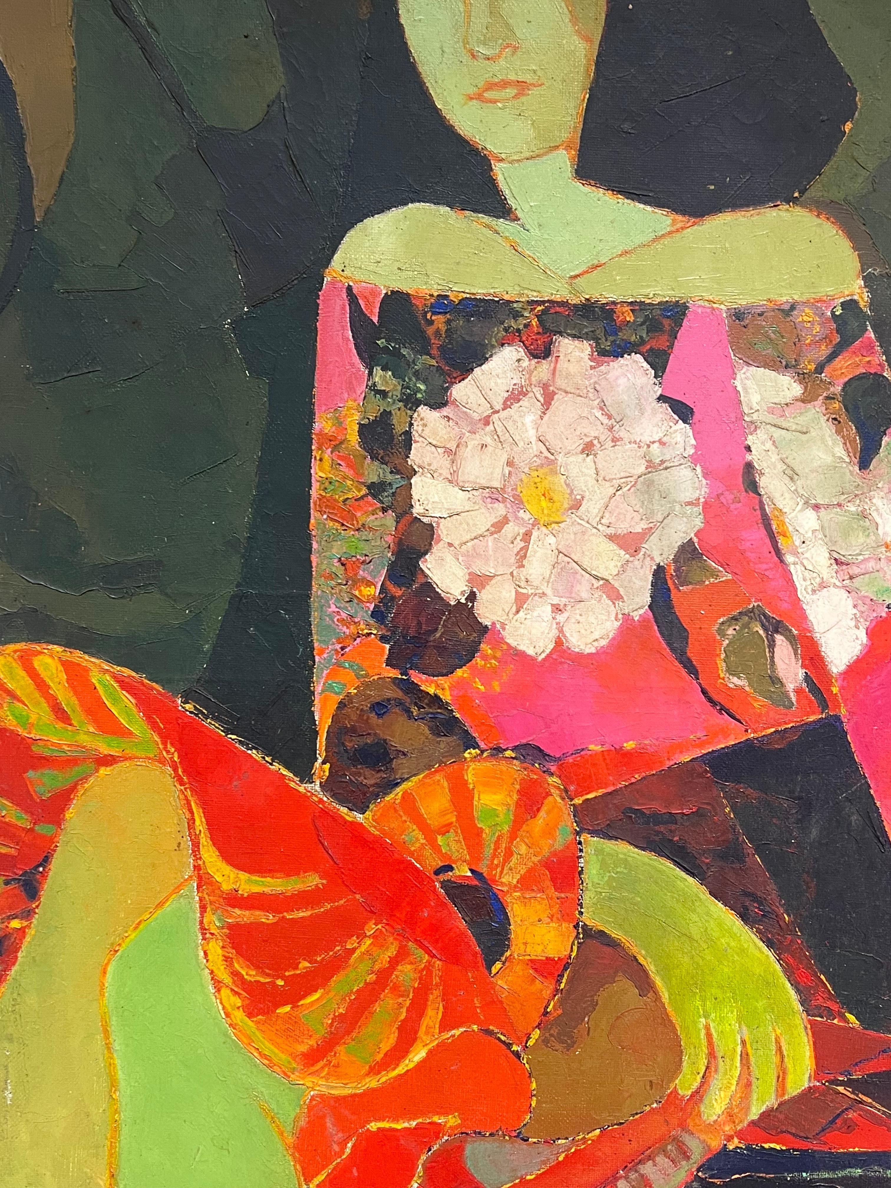 1960's Retrato Cubista Francés Abstracto de Mujer Ropa Colorida firmado Óleo en venta 1