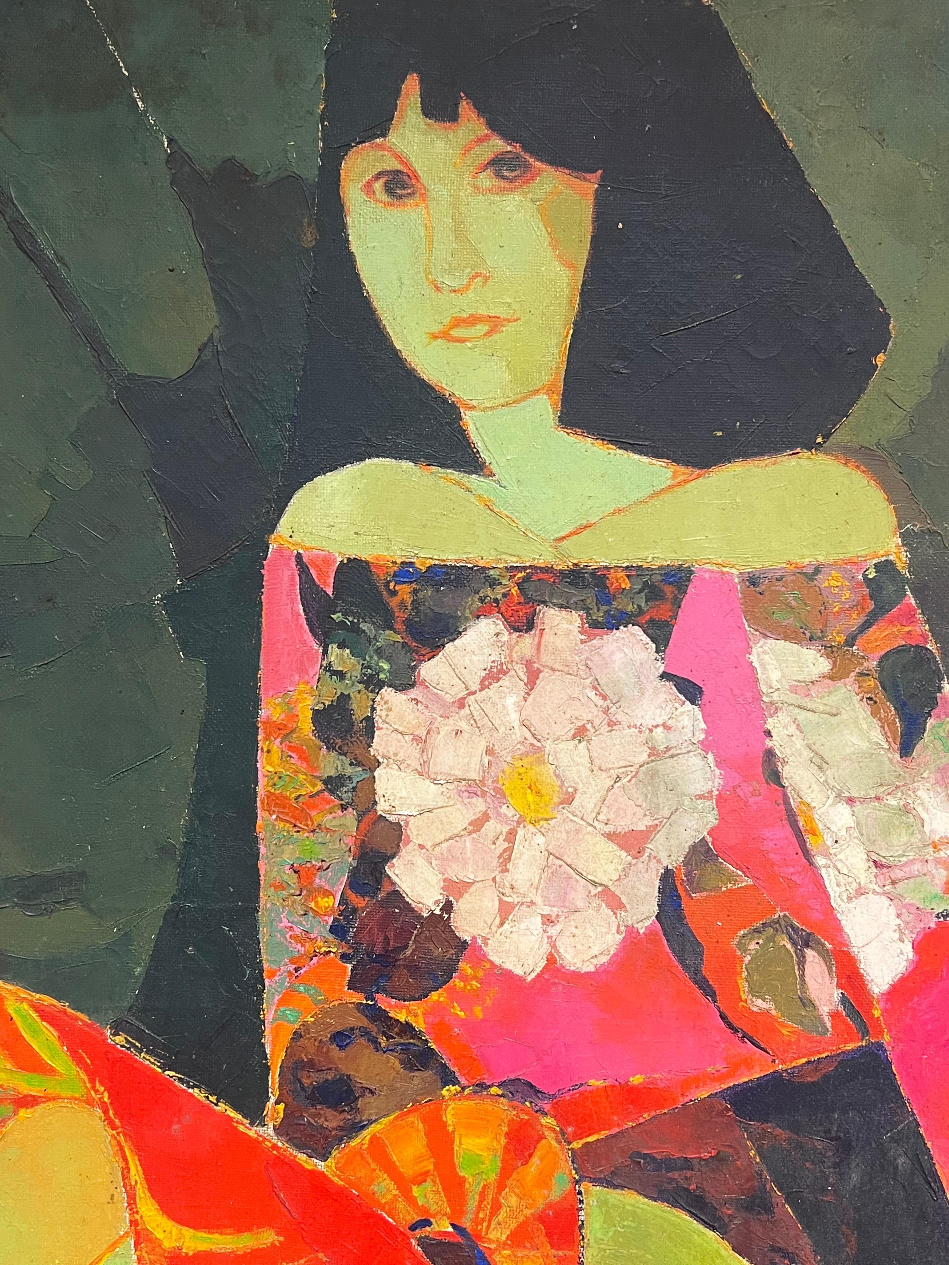 1960's Retrato Cubista Francés Abstracto de Mujer Ropa Colorida firmado Óleo en venta 2