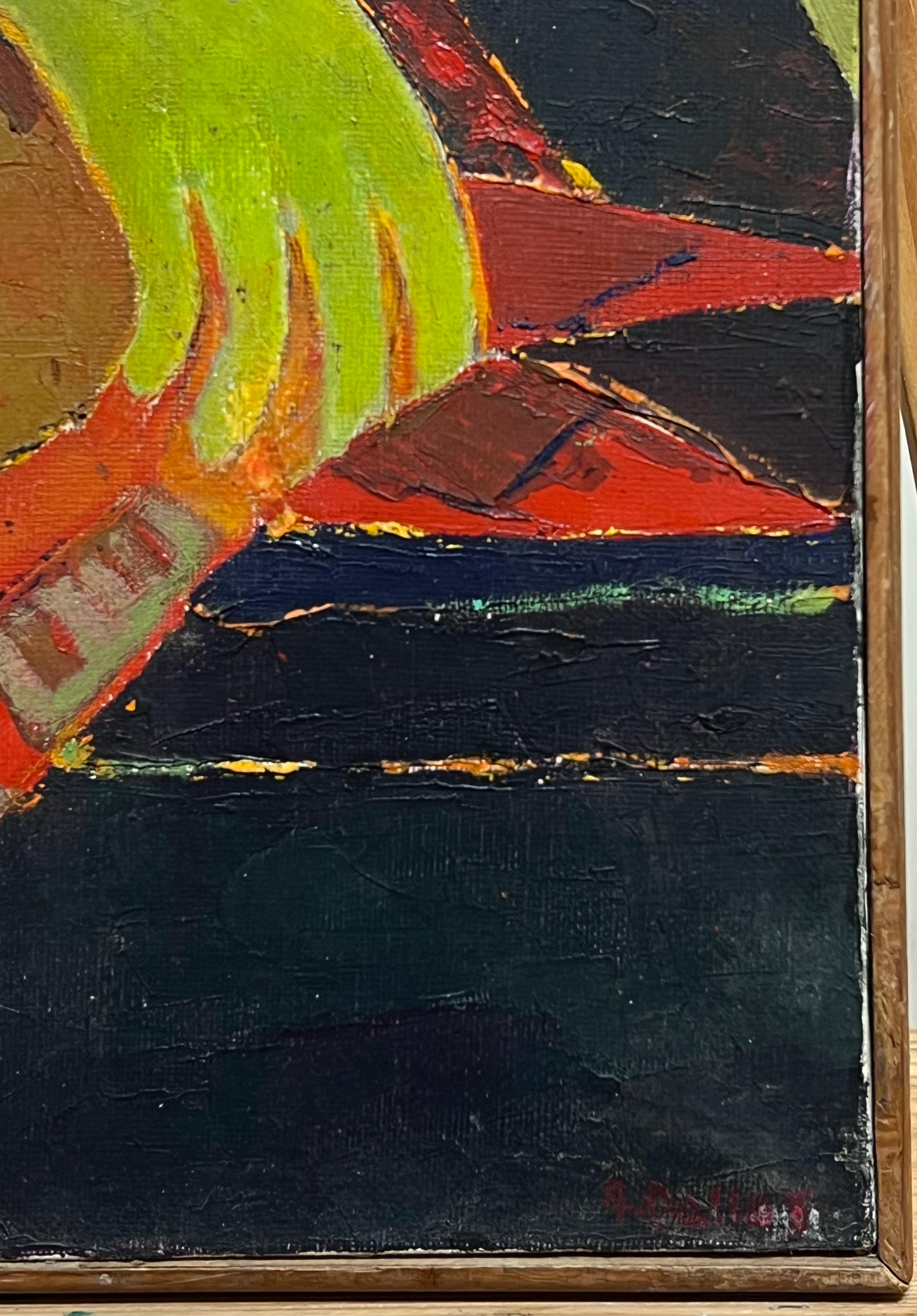 1960's Retrato Cubista Francés Abstracto de Mujer Ropa Colorida firmado Óleo en venta 4