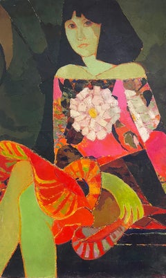 Portrait abstrait cubiste français des années 1960 représentant une femme vêtue de vêtements colorés, signé