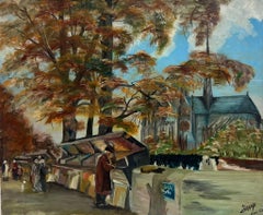 1960's French Impressionist Signed Dated Oil Book Sellers River Seine Paris