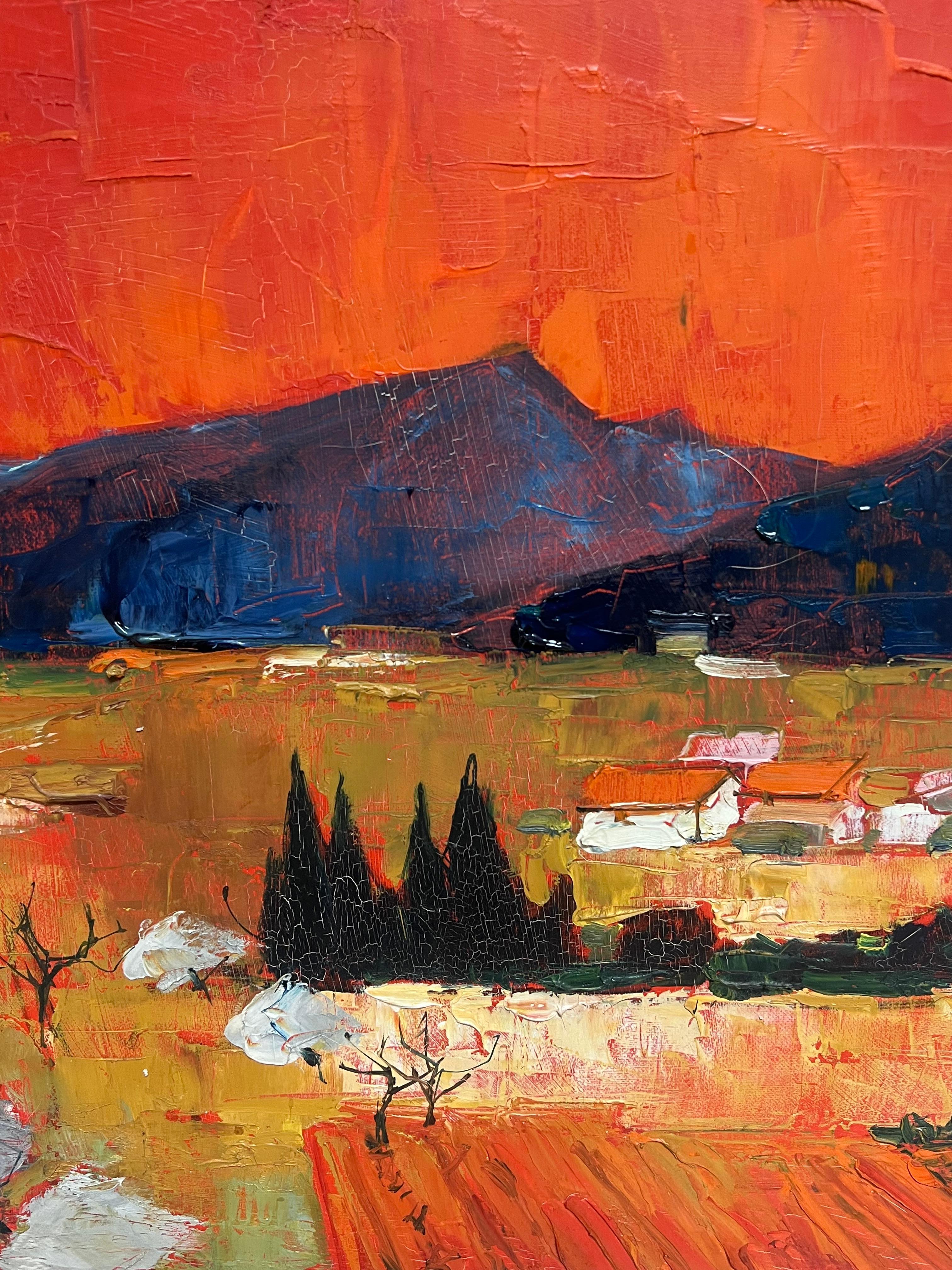 Grande peinture à l'huile moderniste française des années 1960, signée Sun Scorched Provence Landscape en vente 5