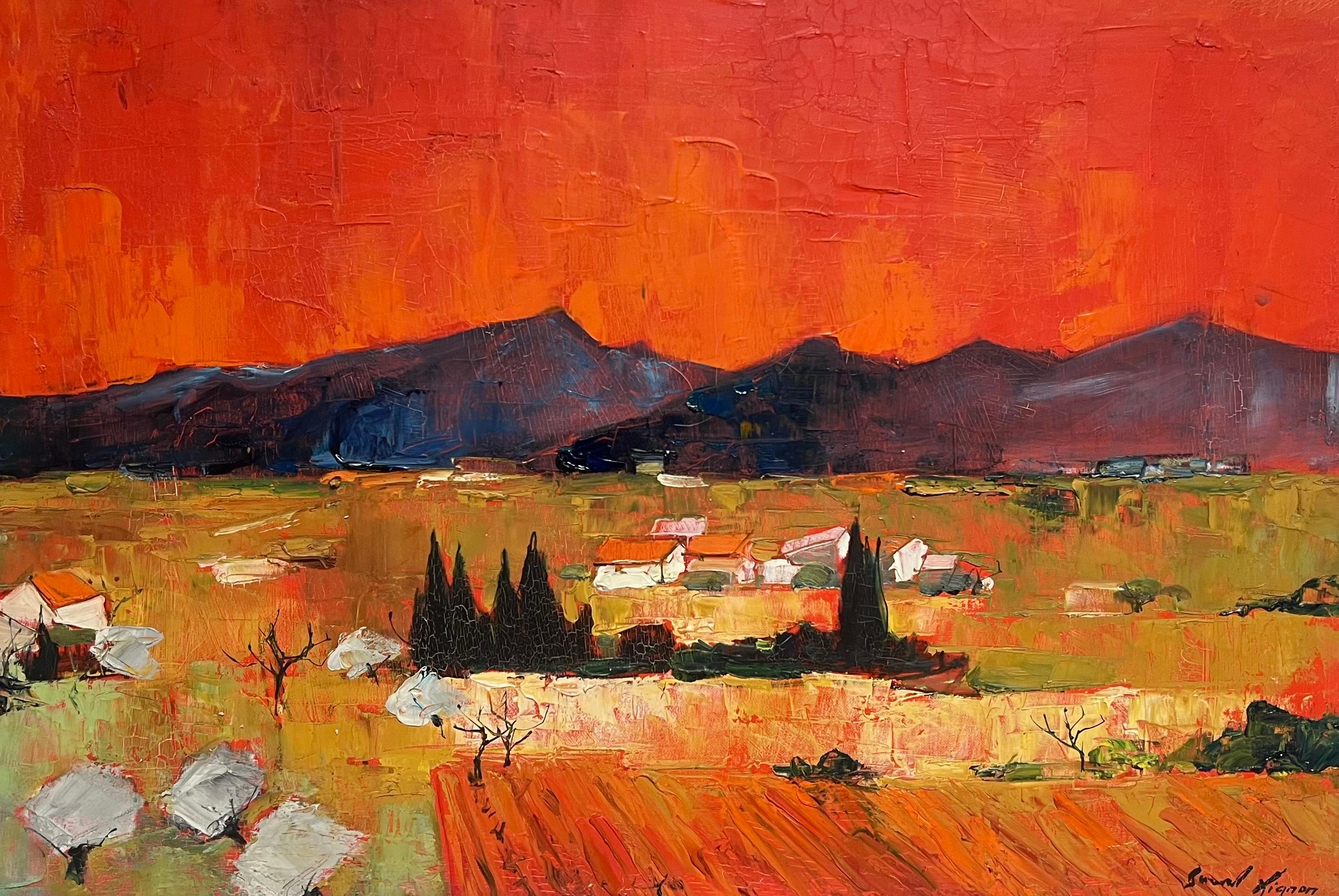 Grande peinture à l'huile moderniste française des années 1960, signée Sun Scorched Provence Landscape en vente 7