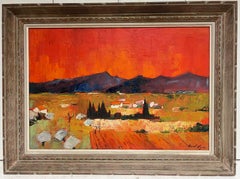 Pittura ad olio modernista firmata di grandi dimensioni degli anni '60 Paesaggio provenzale bruciato dal sole