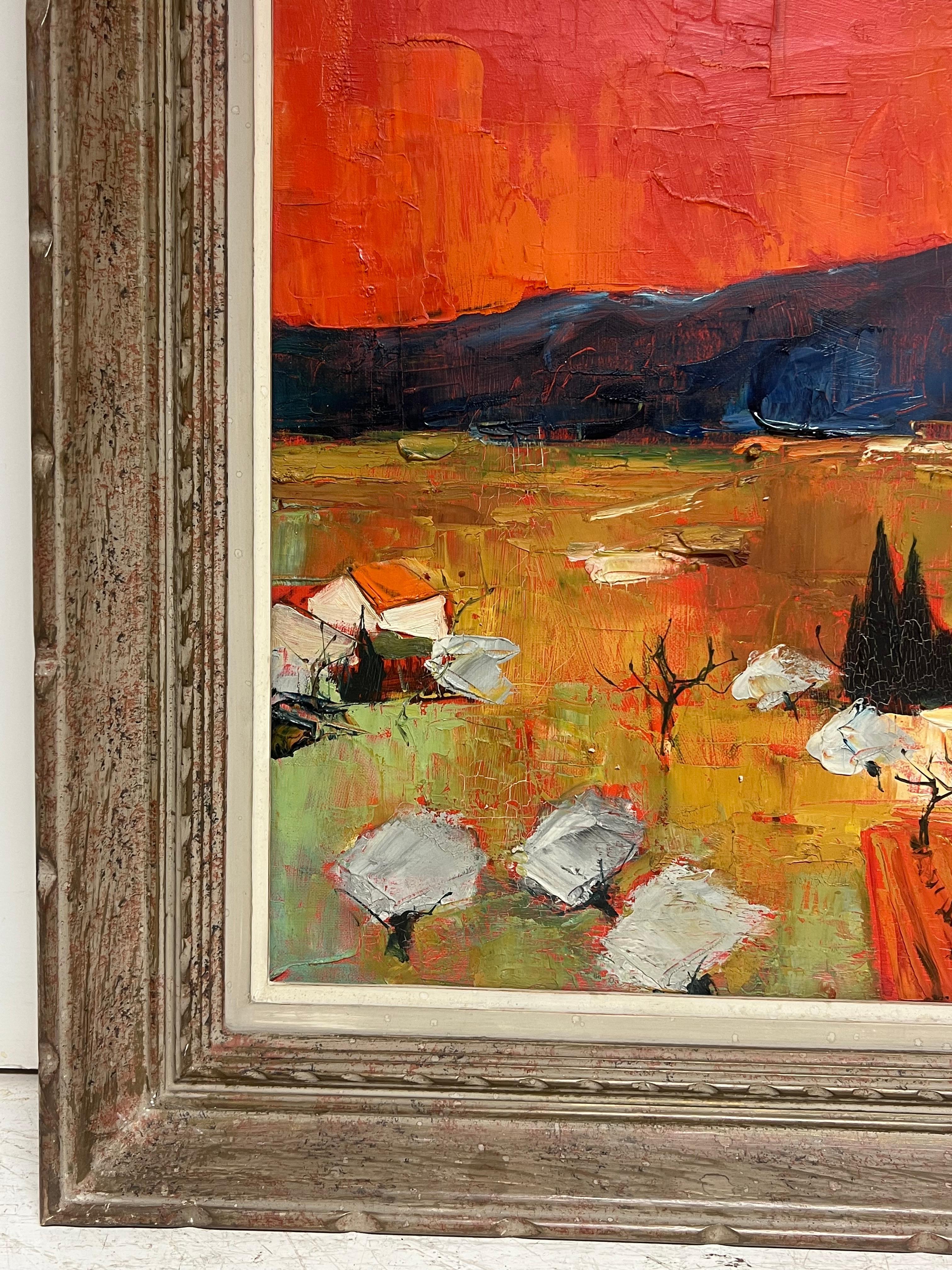 Grande peinture à l'huile moderniste française des années 1960, signée Sun Scorched Provence Landscape - Marron Landscape Painting par French School