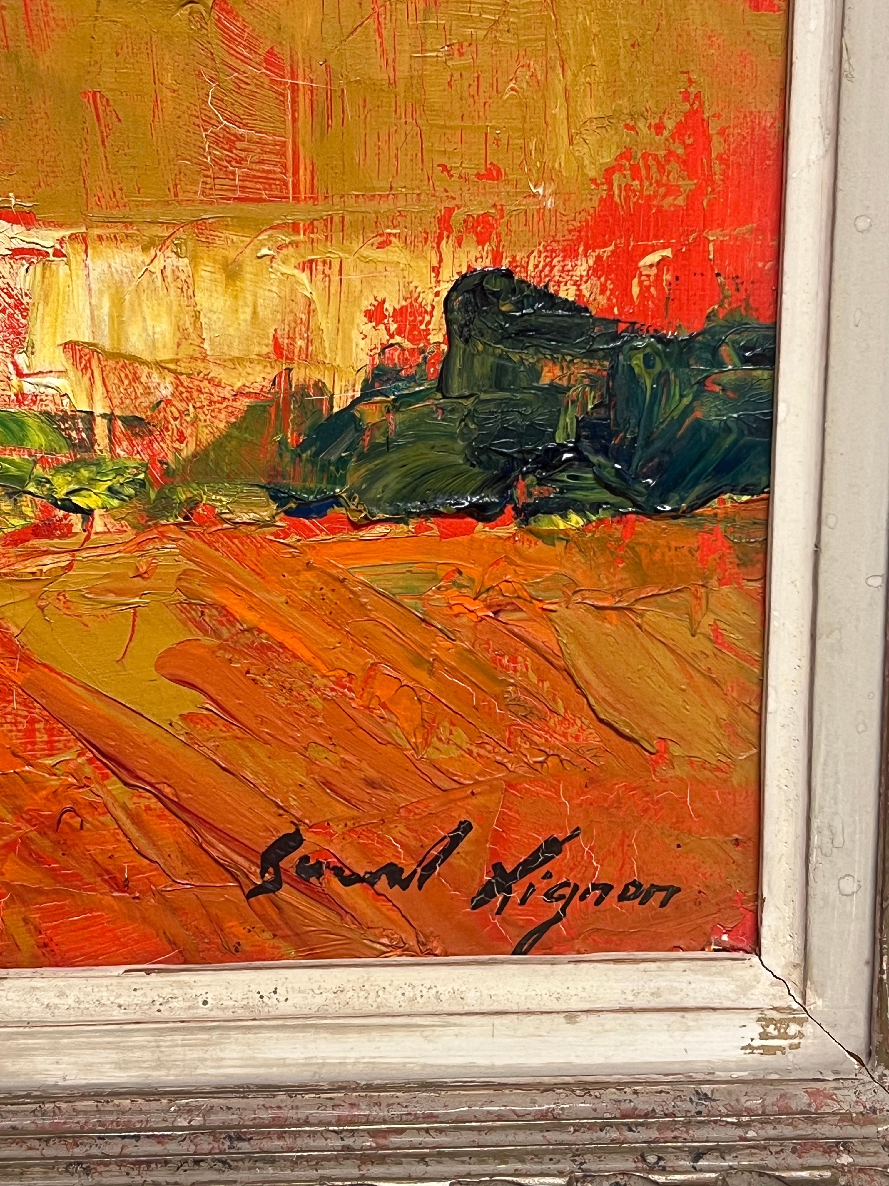 Grande peinture à l'huile moderniste française des années 1960, signée Sun Scorched Provence Landscape en vente 1
