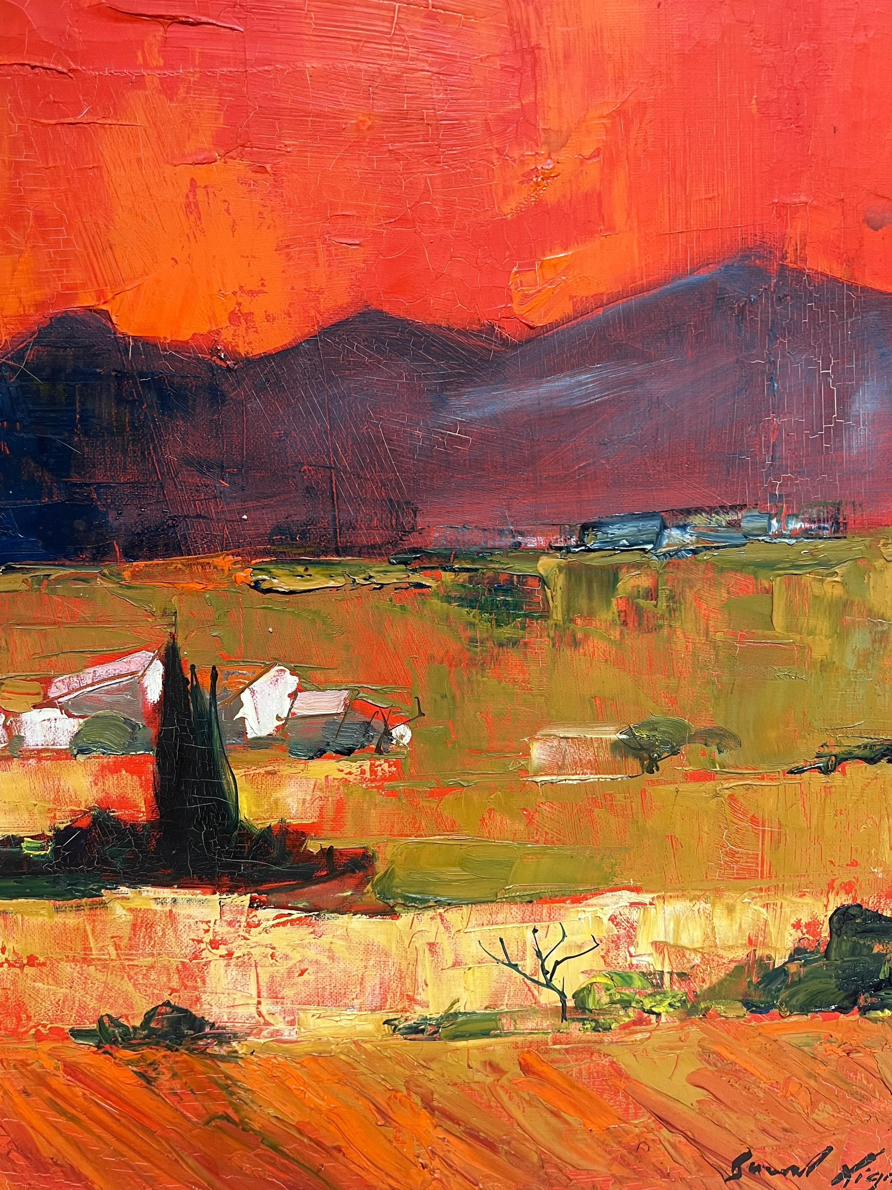 Grande peinture à l'huile moderniste française des années 1960, signée Sun Scorched Provence Landscape en vente 3