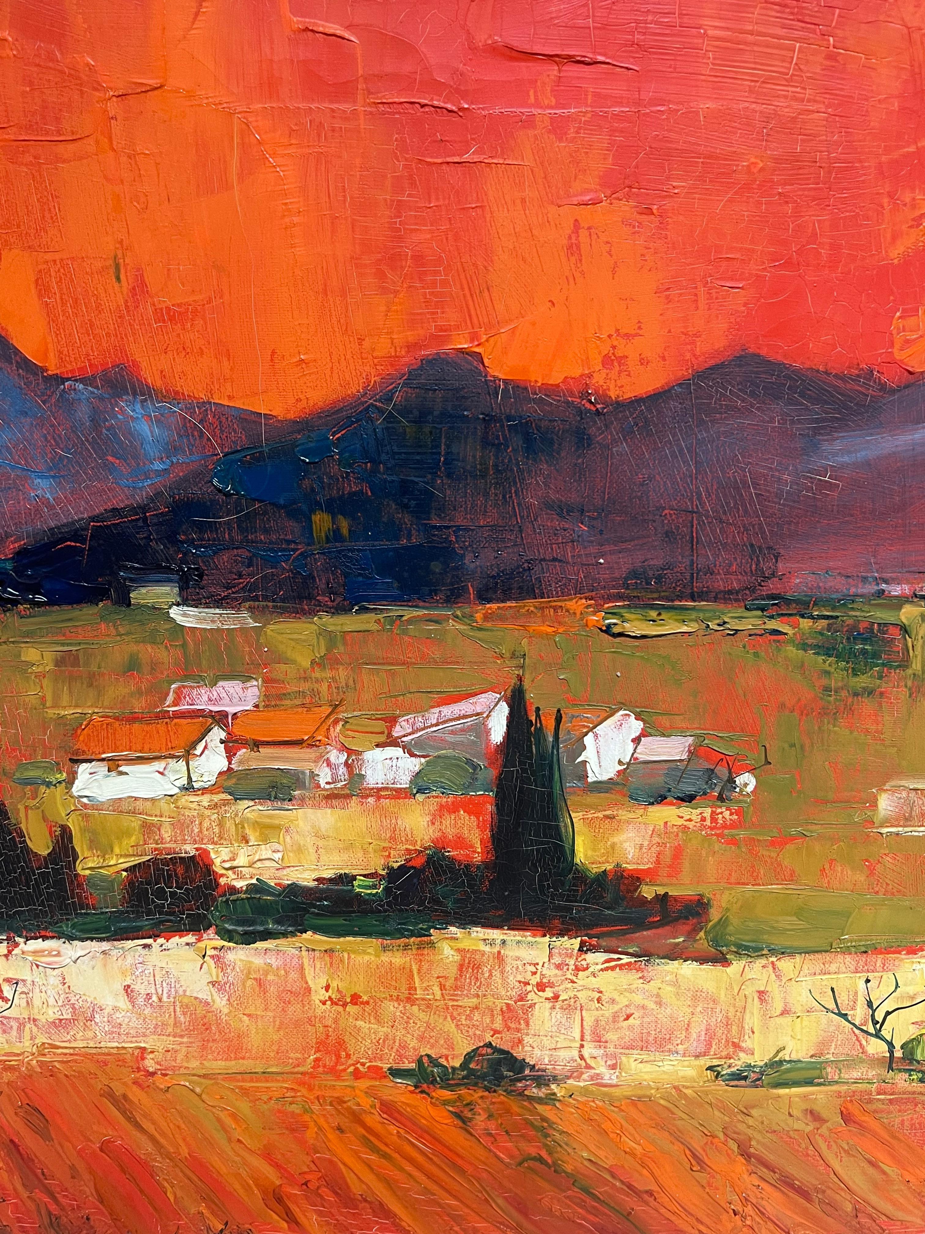 Grande peinture à l'huile moderniste française des années 1960, signée Sun Scorched Provence Landscape en vente 4