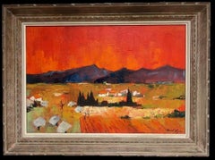 1960s French Large Modernist Signed Oil Painting Sun Scorched Provence Landscape