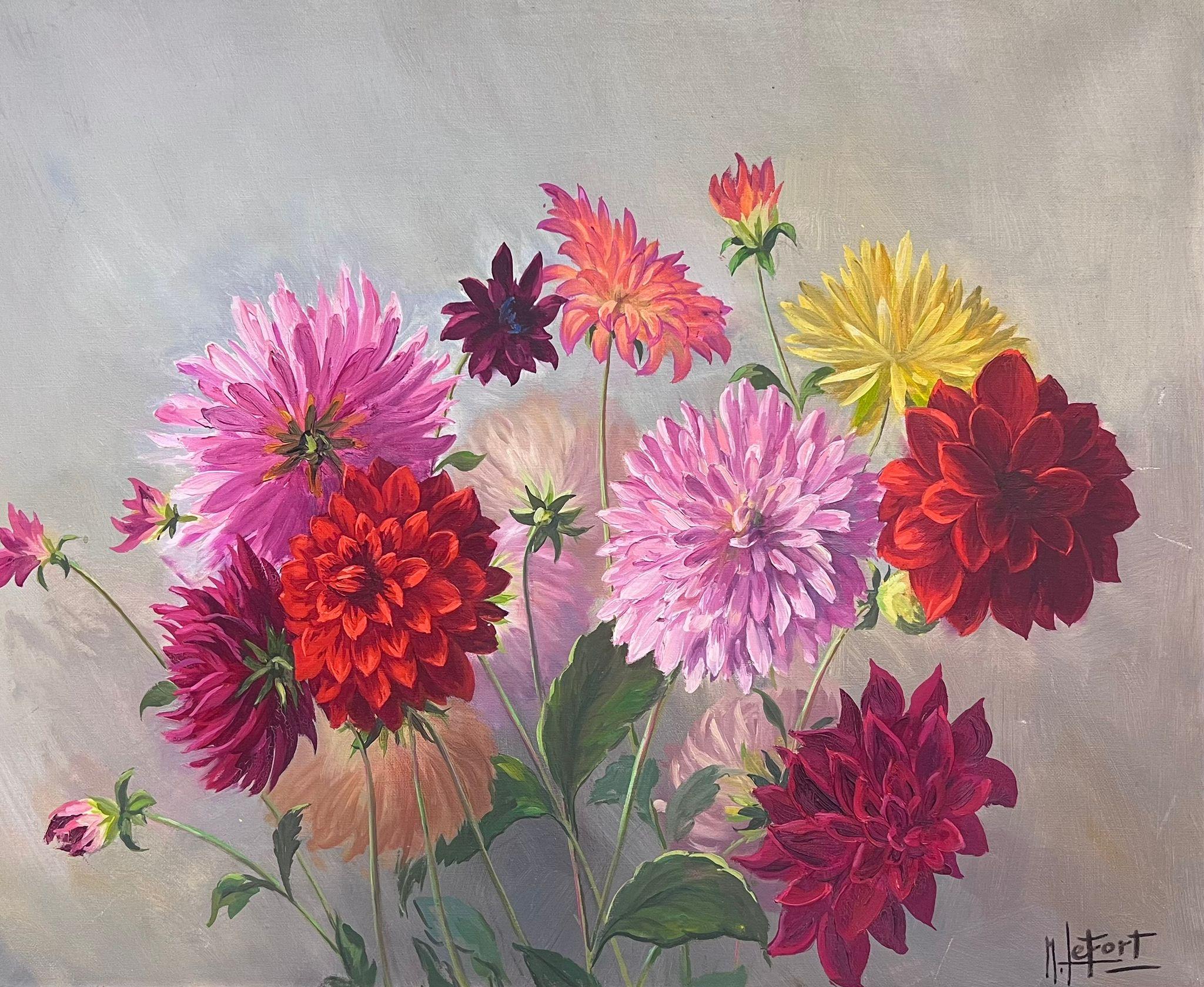 Pittura a olio francese degli anni '60, grande, Fiori di crisantemo rosa, Natura morta incorniciata - Painting di French School