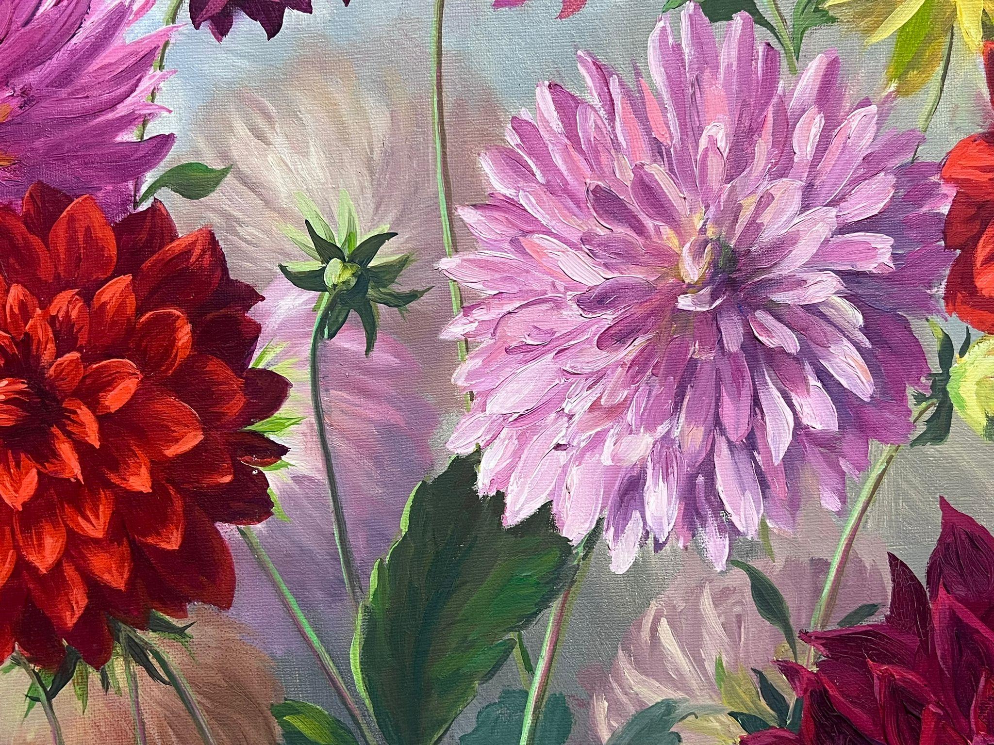 Pittura a olio francese degli anni '60, grande, Fiori di crisantemo rosa, Natura morta incorniciata 1