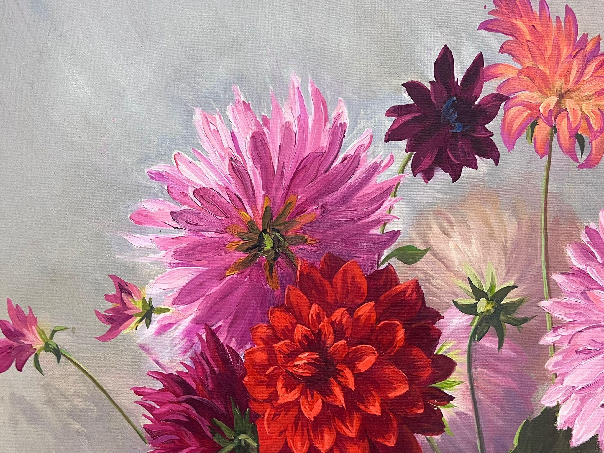 Pittura a olio francese degli anni '60, grande, Fiori di crisantemo rosa, Natura morta incorniciata 2