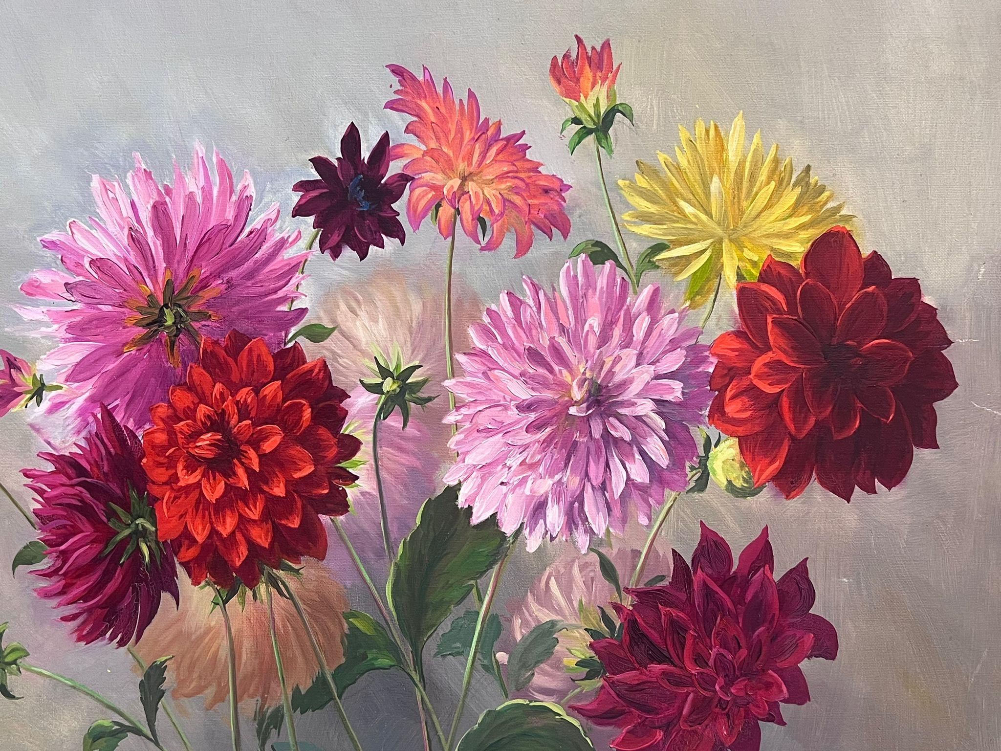 Pittura a olio francese degli anni '60, grande, Fiori di crisantemo rosa, Natura morta incorniciata 3