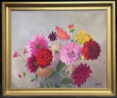 Pittura a olio francese degli anni '60, grande, Fiori di crisantemo rosa, Natura morta incorniciata