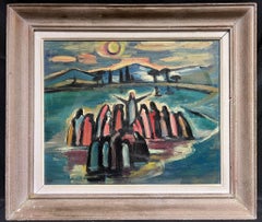 1960's French Modernist Large Oil Painting Christ Preaching to Crowd