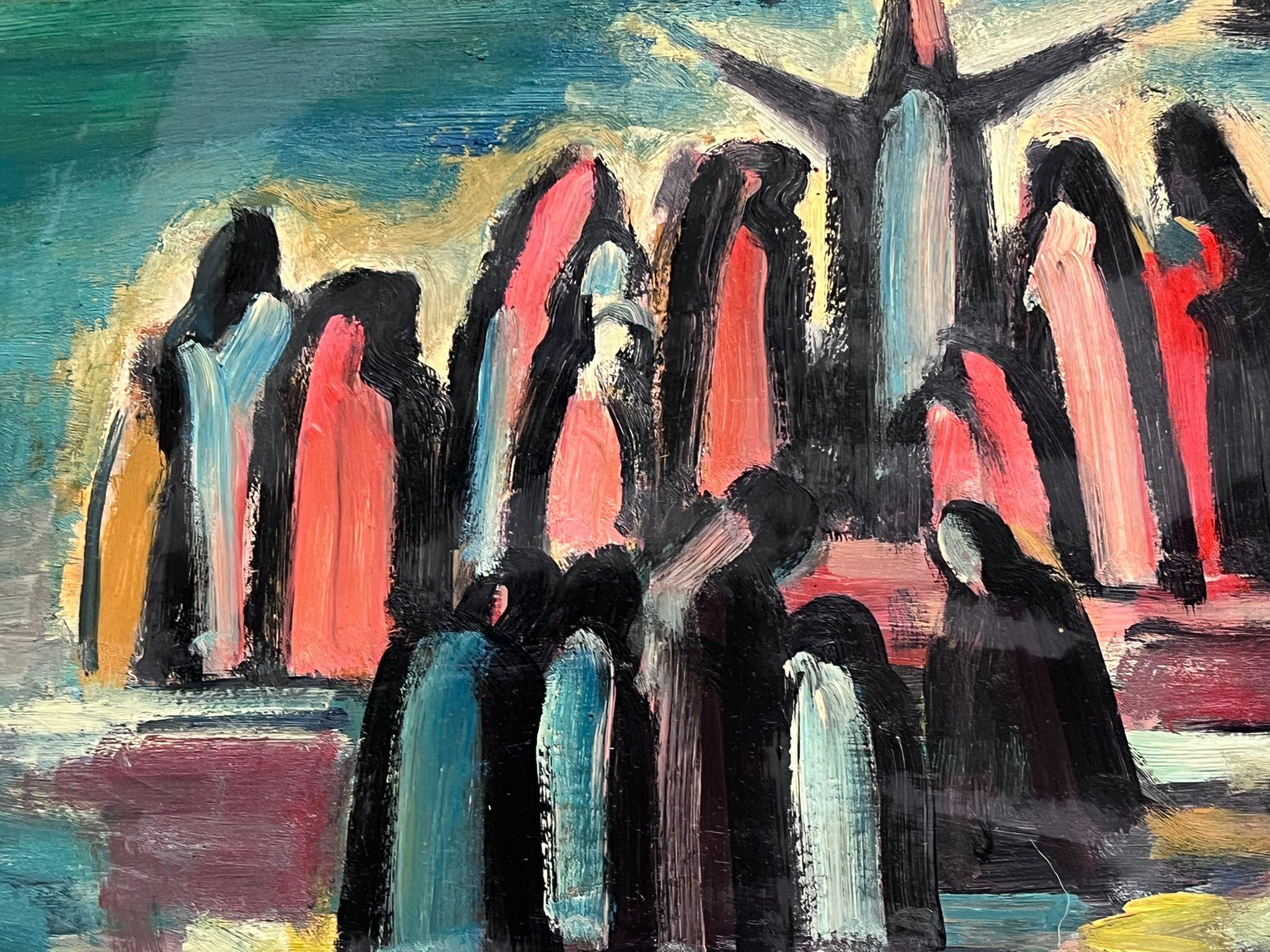 1960's French Modernist Large Oil Painting Christ Preaching to Crowd  For Sale 1