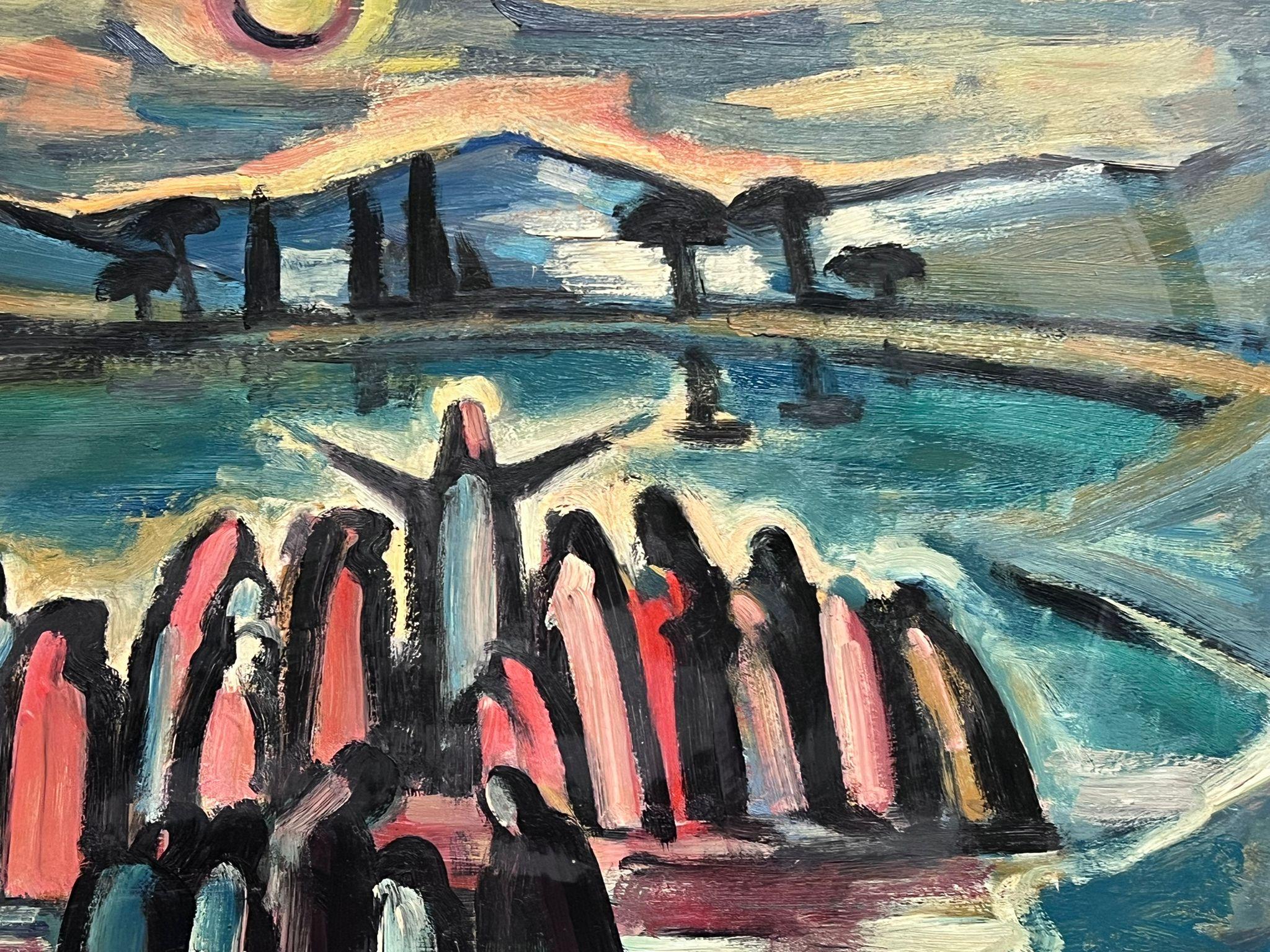 1960's French Modernist Large Oil Painting Christ Preaching to Crowd  For Sale 3
