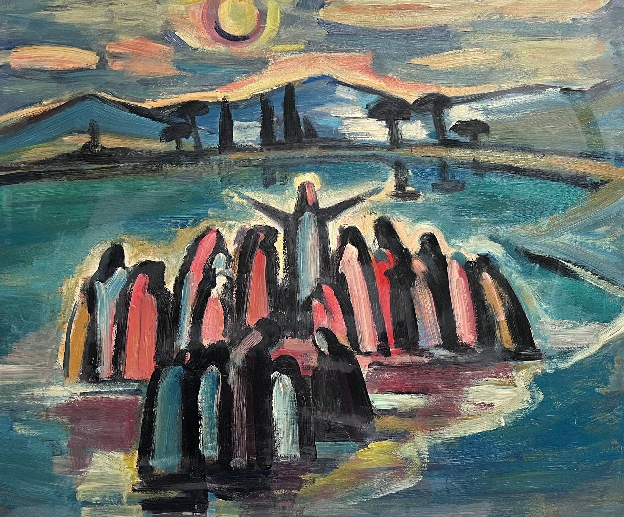 French School Figurative Painting - 1960's French Modernist Large Oil Painting Christ Preaching to Crowd 