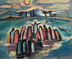 1960's French Modernist Large Oil Painting Christ Preaching to Crowd 