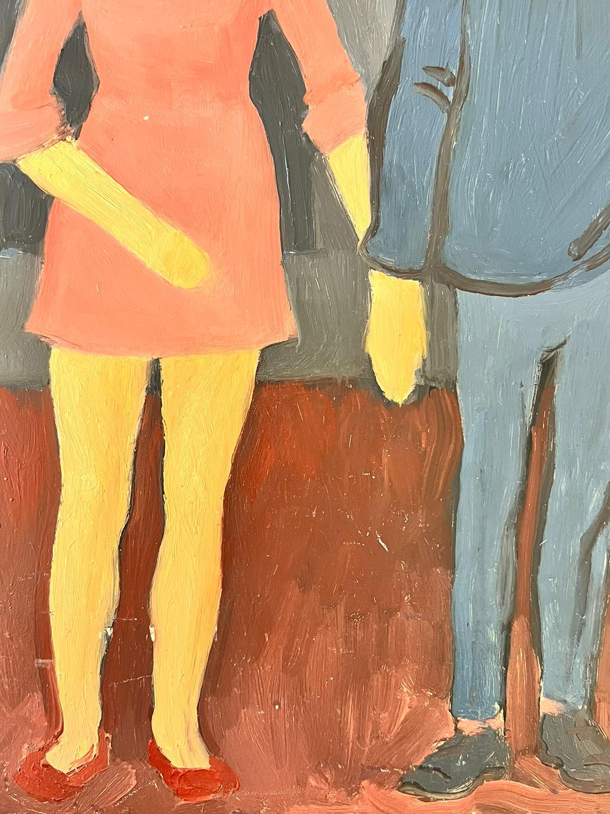 1960's French Modernist Oil Painting Fashionable Couple Holding Hands Pink & Blu - Brown Figurative Painting by French School