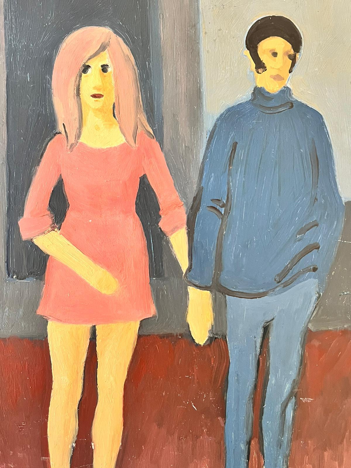1960's French Modernist Oil Painting Fashionable Couple Holding Hands Pink & Blu For Sale 1