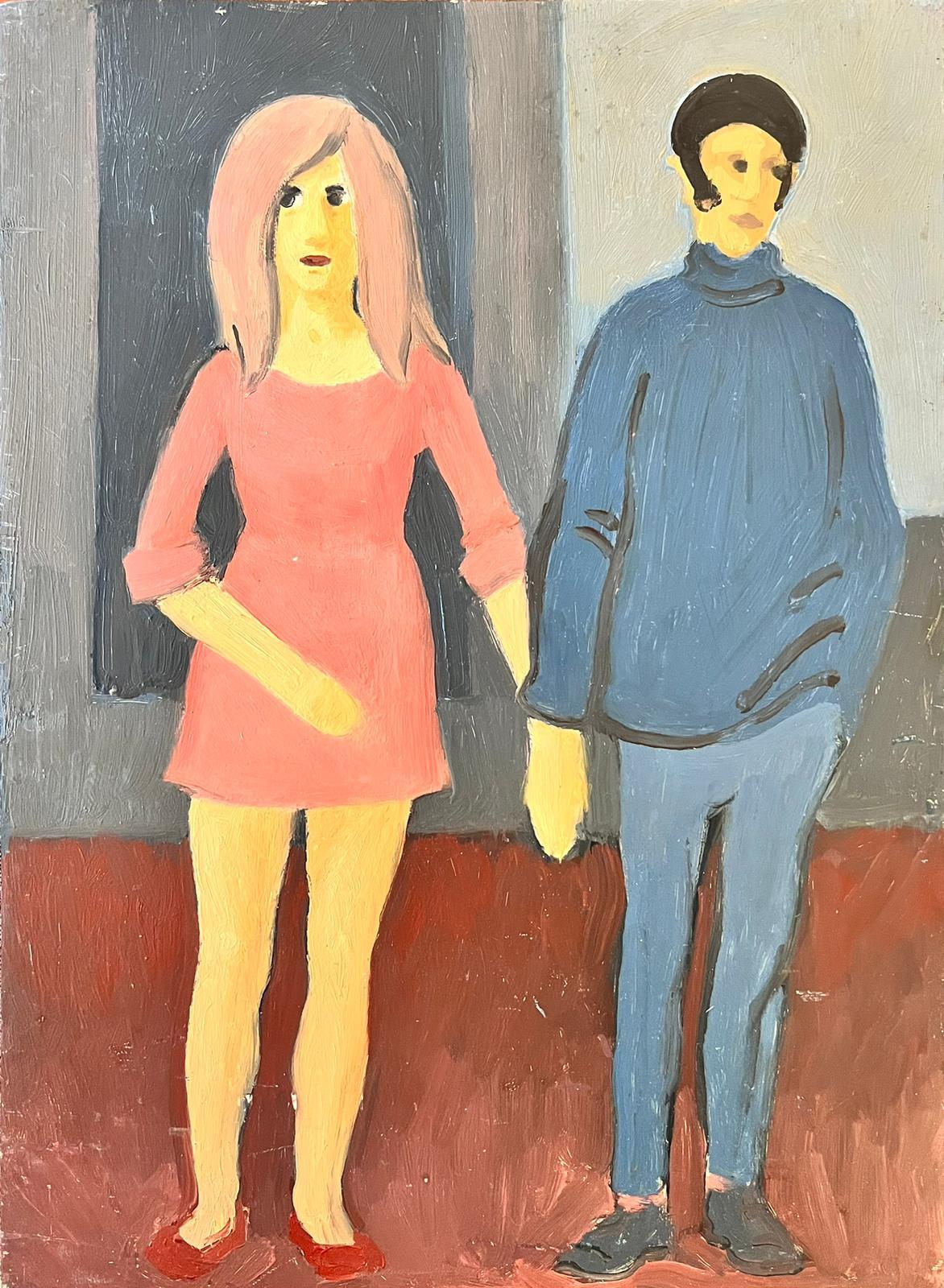 French School Figurative Painting - 1960's French Modernist Oil Painting Fashionable Couple Holding Hands Pink & Blu