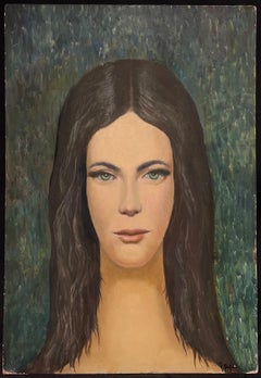 1960's French Modernist Oil Painting Portrait of Young Lady Direct Gaze