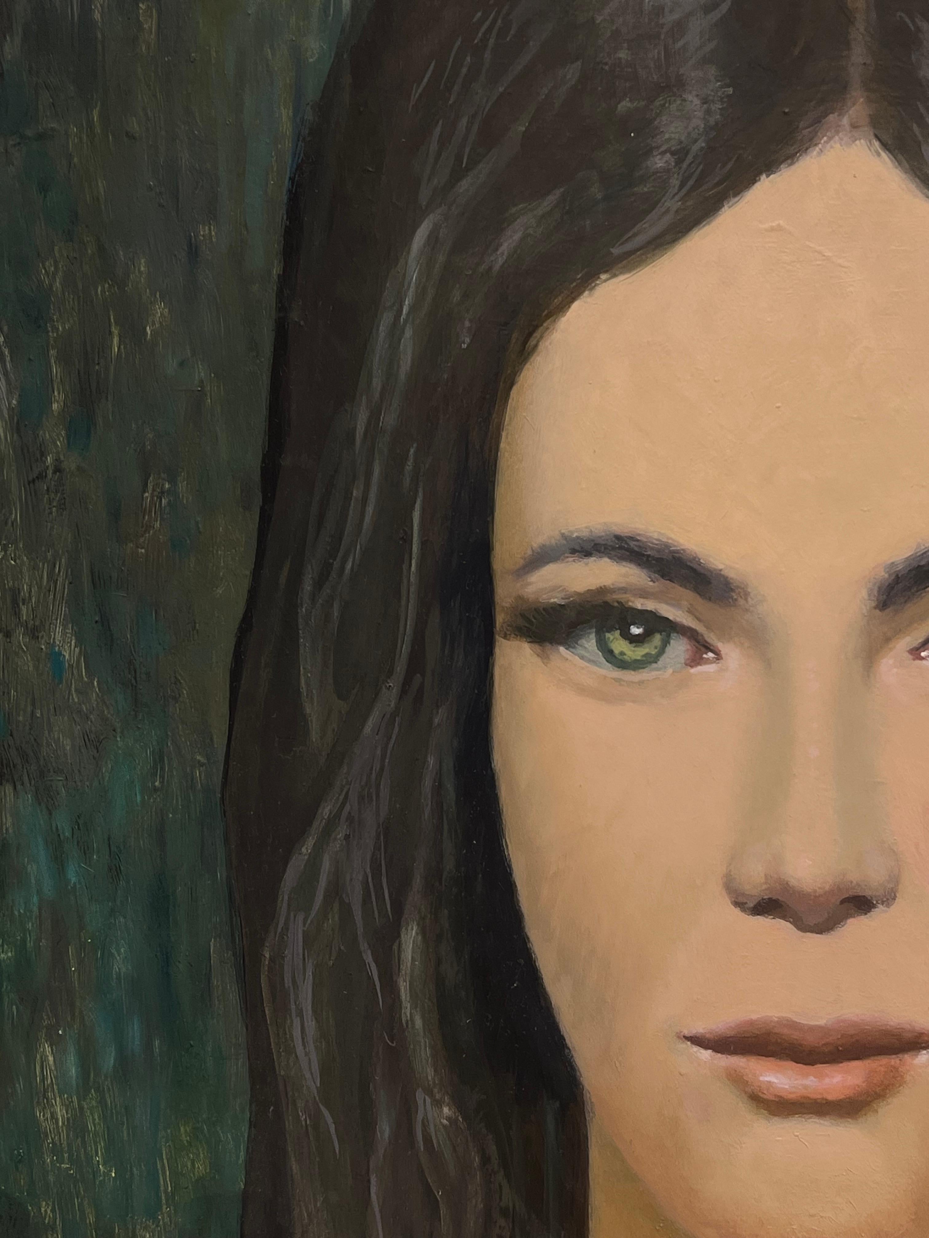 Pittura ad olio modernista francese degli anni '60 Ritratto di giovane donna Directional - Figurative Painting Nero di French School