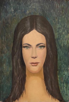 1960's French Modernist Oil Painting Portrait of Young Lady Direct Gaze