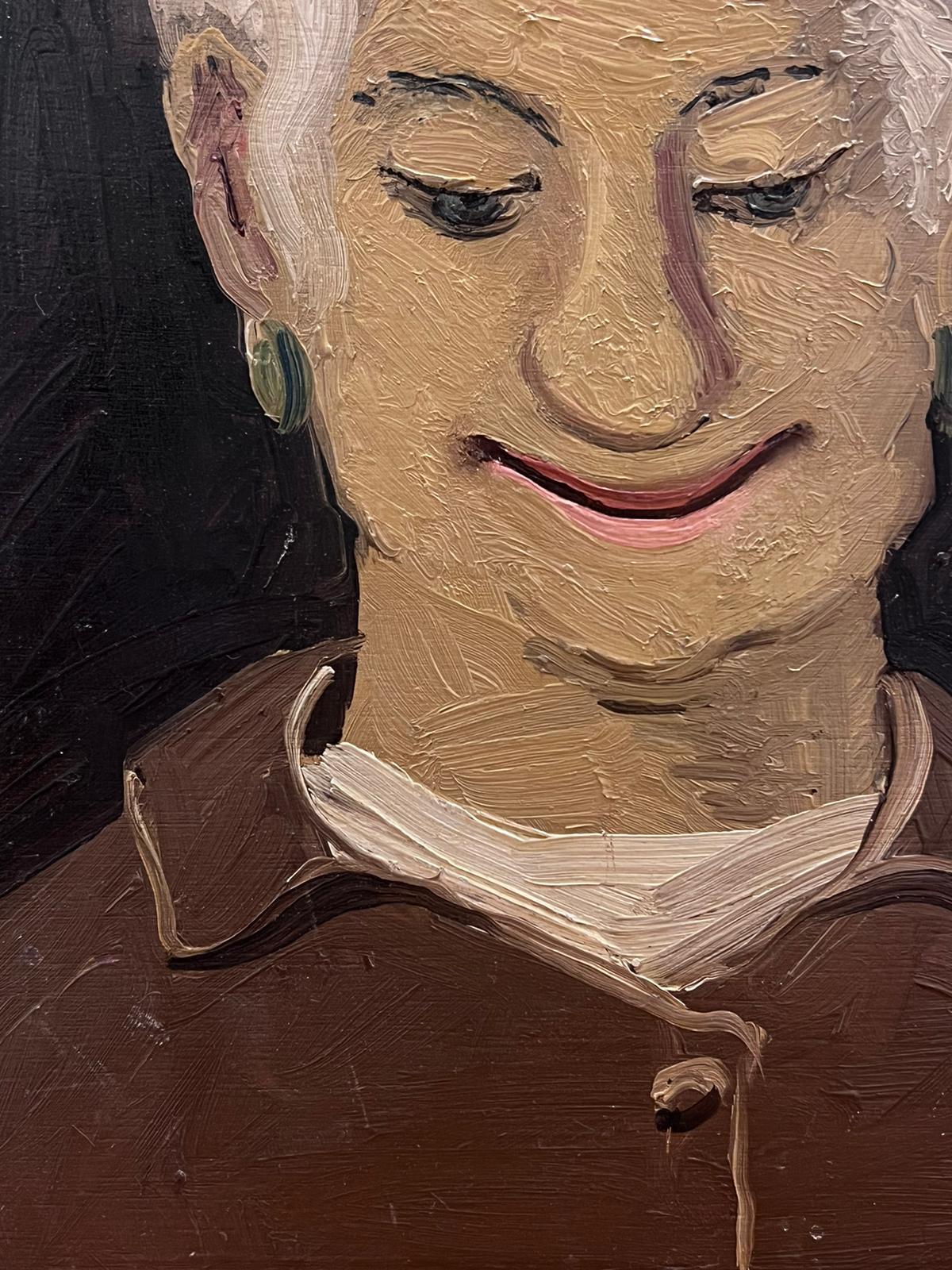 1960's French Modernist Oil Portrait of Elderly Lady Smiling - Painting by French School