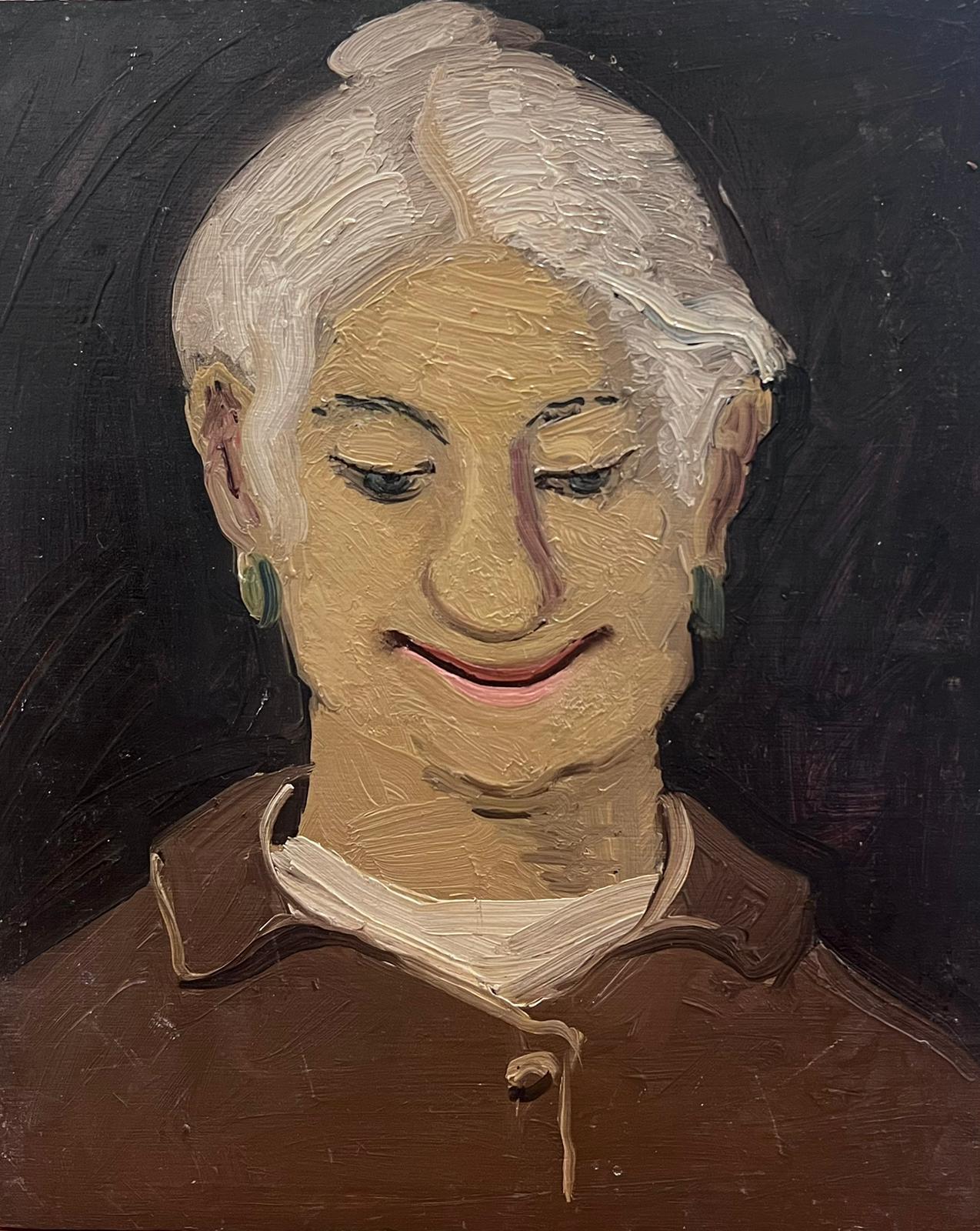 French School Portrait Painting - 1960's French Modernist Oil Portrait of Elderly Lady Smiling