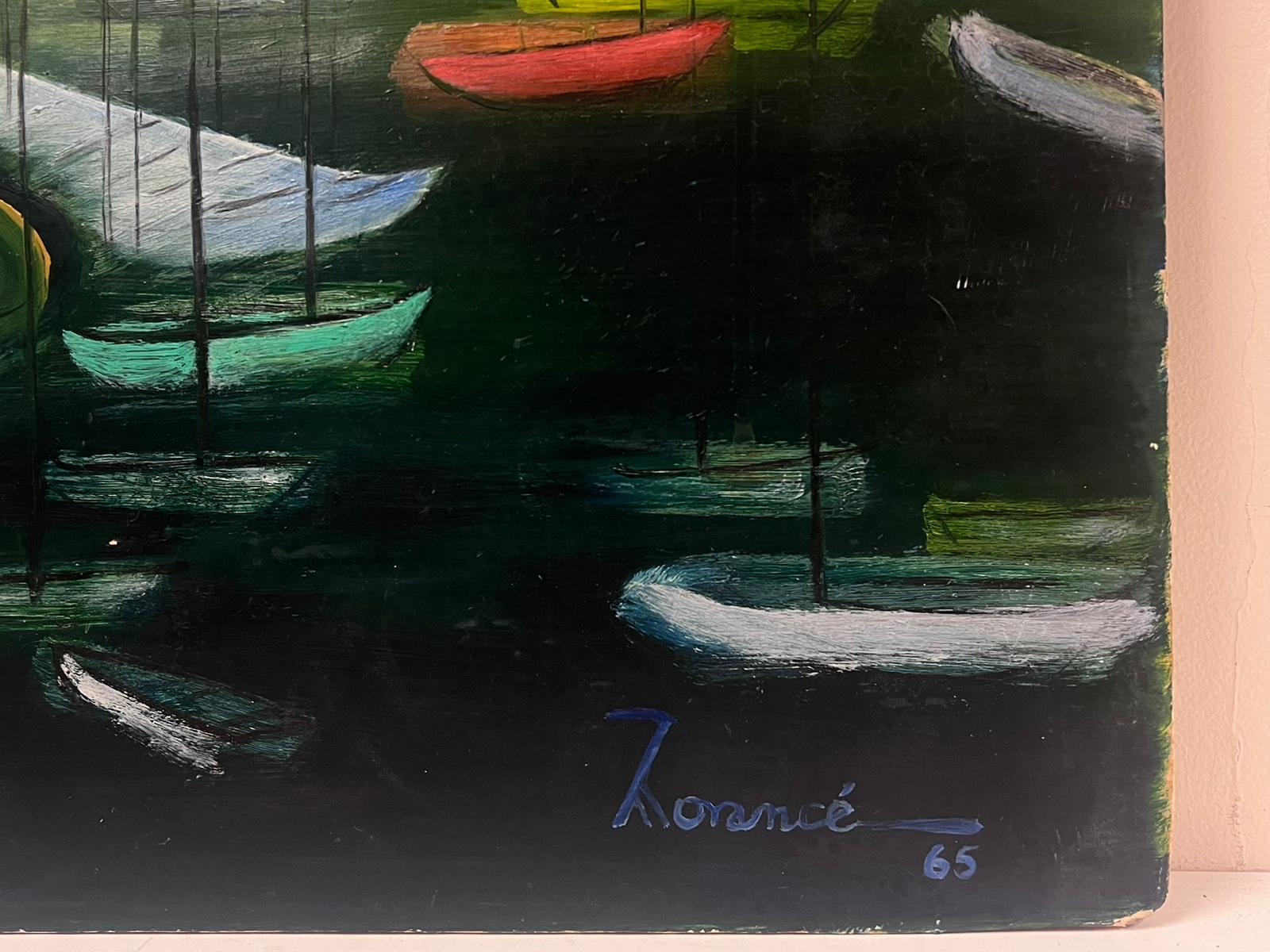 1960's French Modernist Signed Oil Painting Colorful Boats in Harbour For Sale 1