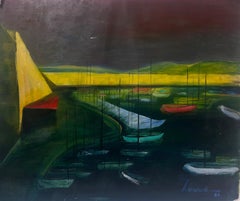 Französisches modernistisches Ölgemälde der 1960er Jahre, signiert, farbenfrohe Boote im Hafen