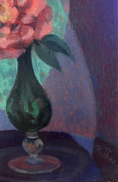 1960's French Modernist Signed Oil Rose in Vase Colorful Background
