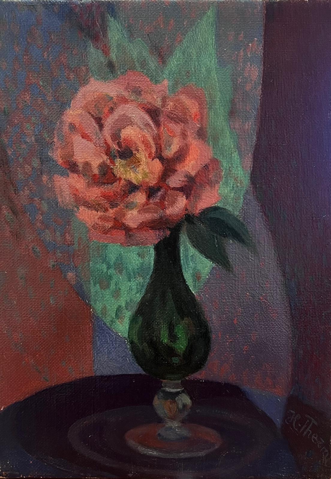 French School Still-Life Painting - 1960's French Modernist Signed Oil Rose in Vase Colorful Background