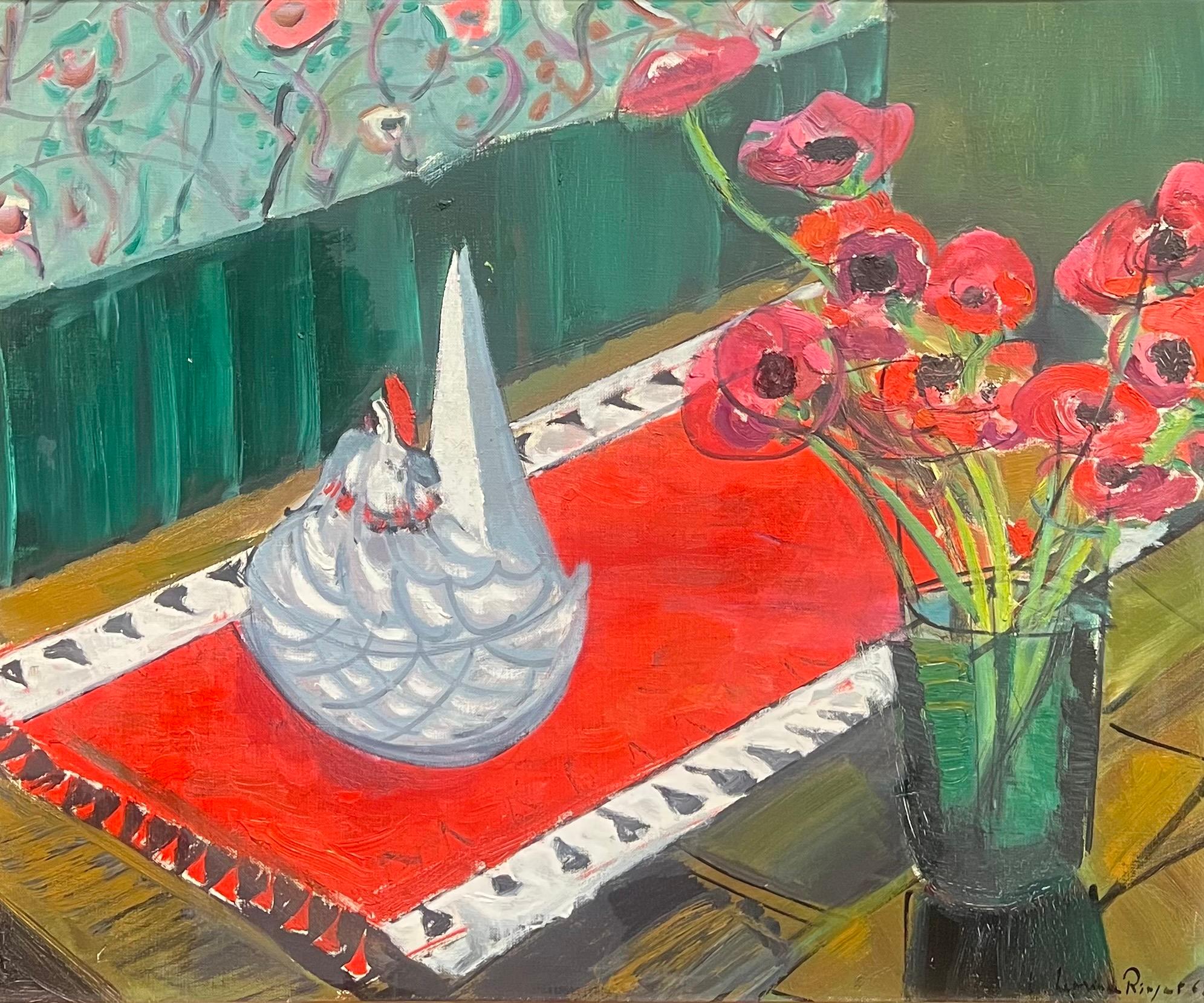 1960's French Modernist Still Life Oil with Ceramic Hen and Red Poppies - Painting by French School