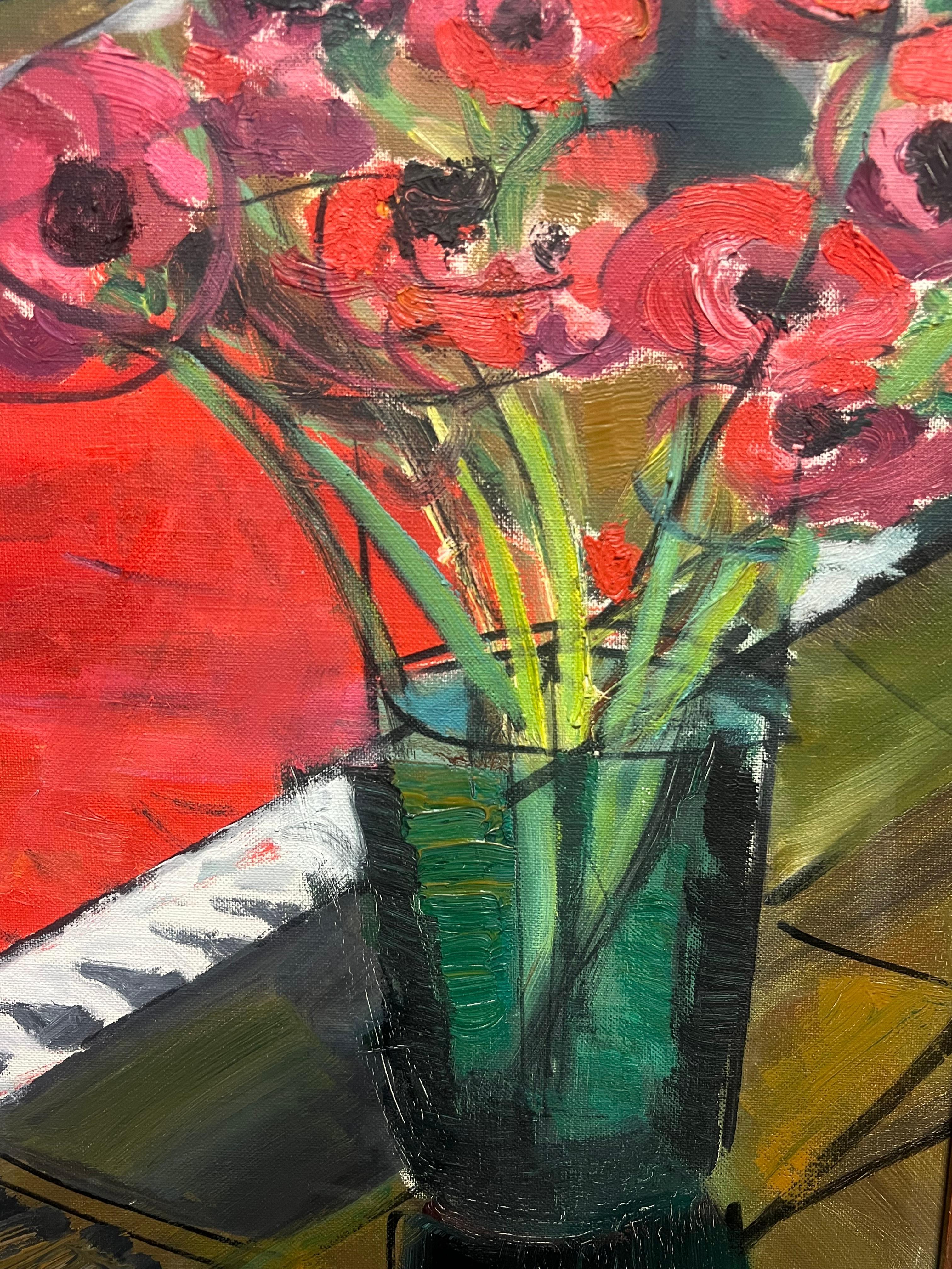 1960's French Modernist Still Life Oil with Ceramic Hen and Red Poppies For Sale 1